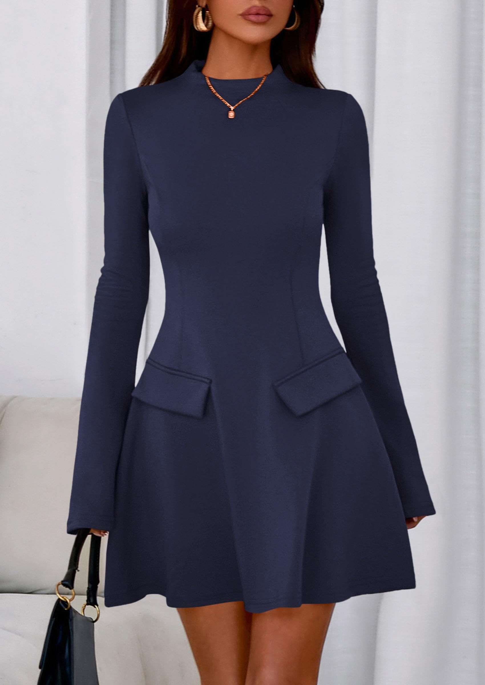 Women's Fall Bell Sleeve Short Dress,Dark Blue,XS