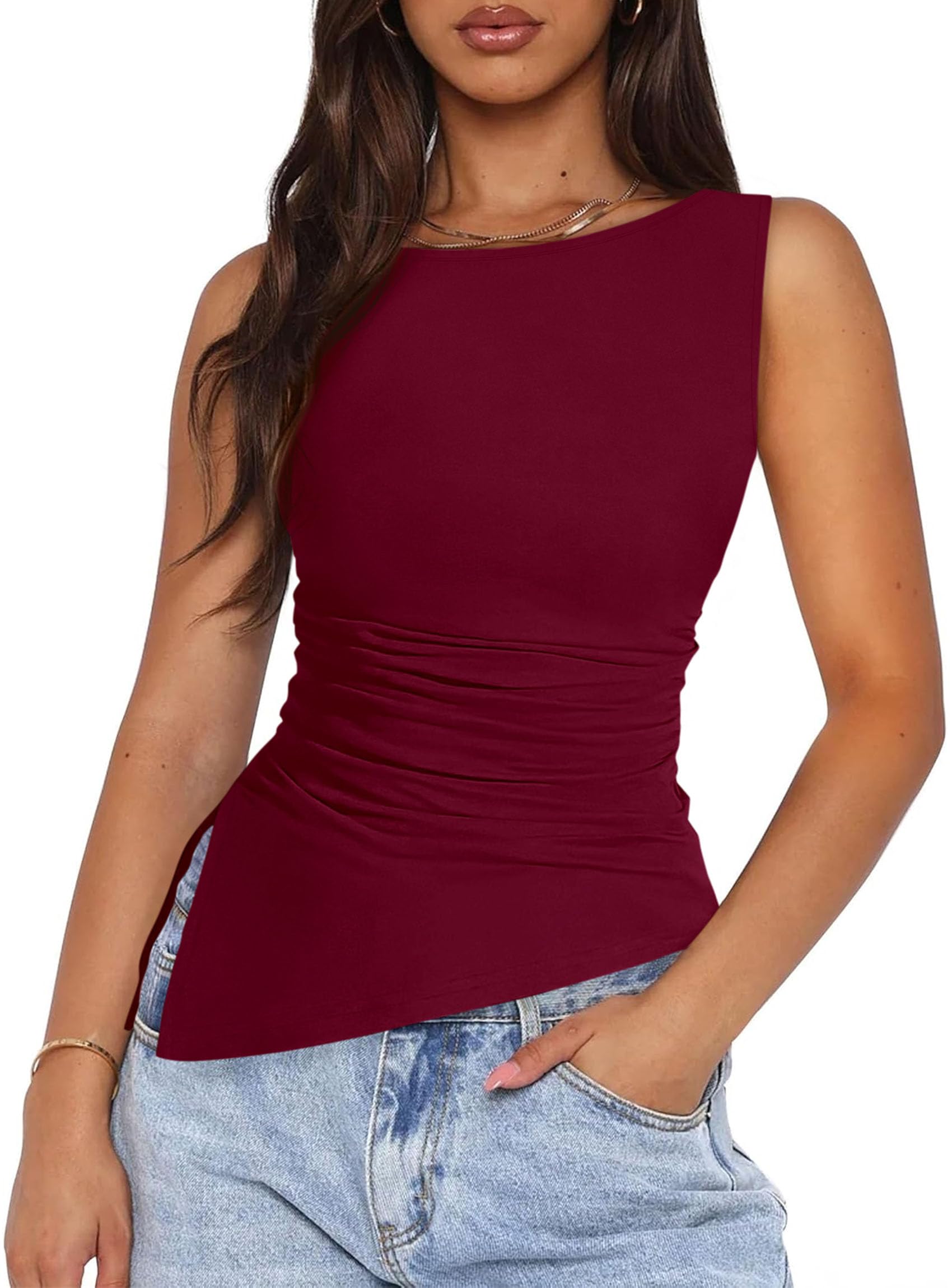 Women's Ruched Tank Tops Summer Y2K Shirts,Burgundy,S