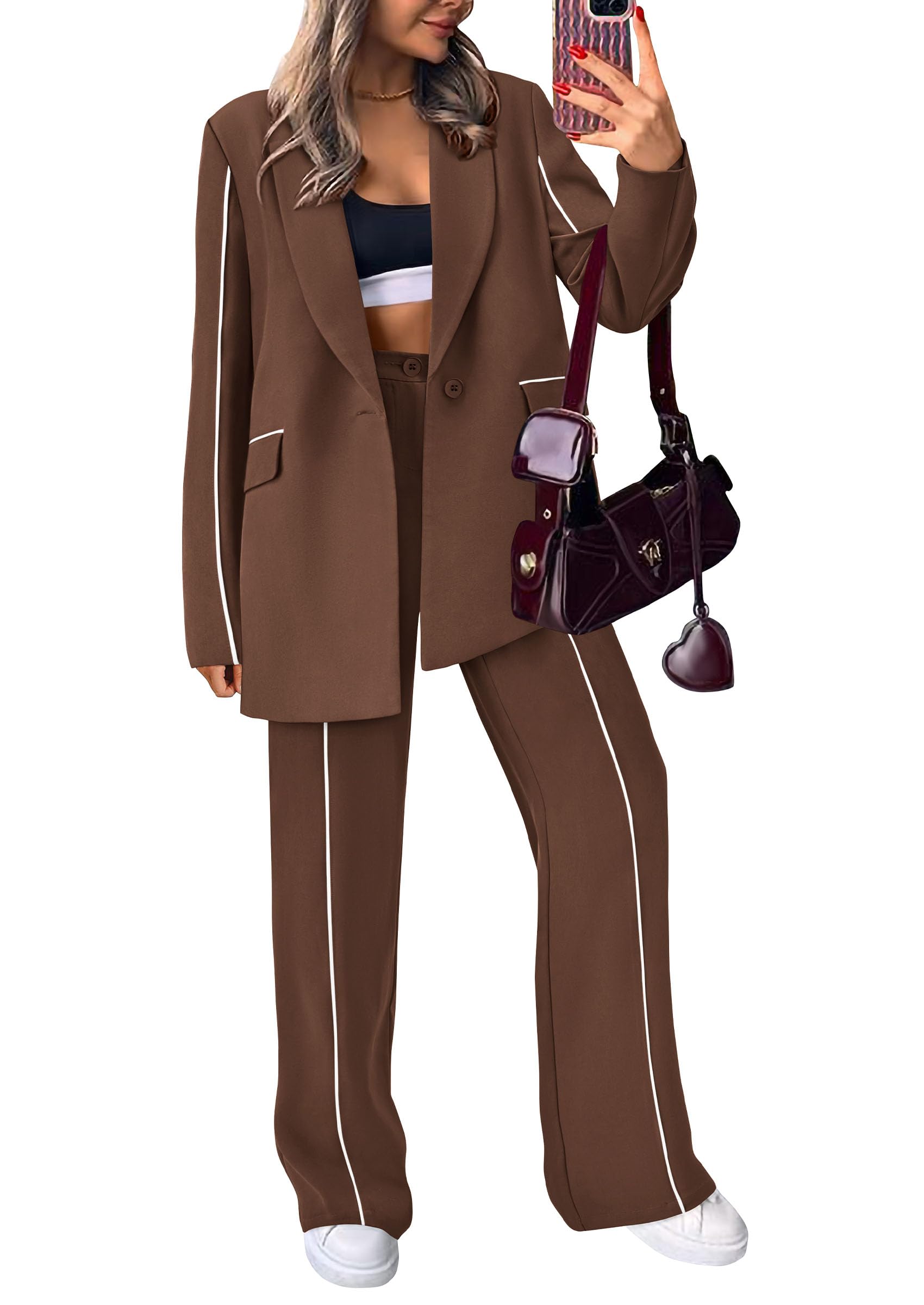 Women's 2 Piece Blazer Business Casual Outfits(Coffee,S)
