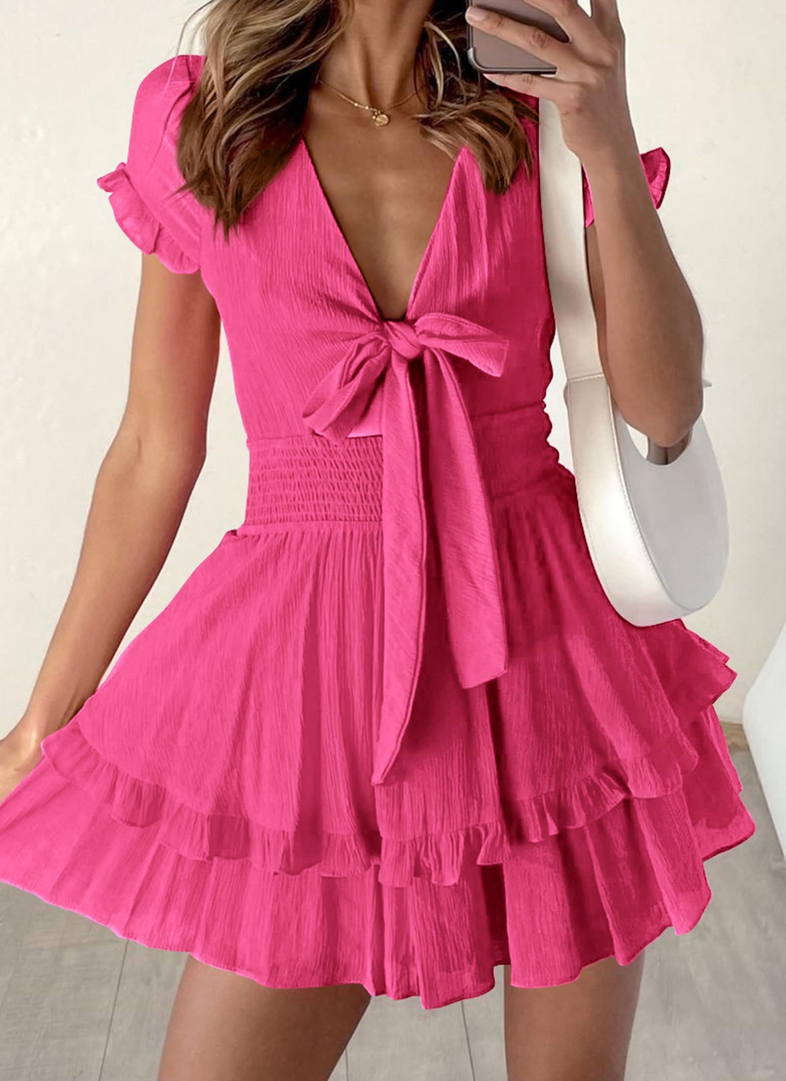 Women's Boho Floral Mini Tiered Bow Dress, Rose Red,S