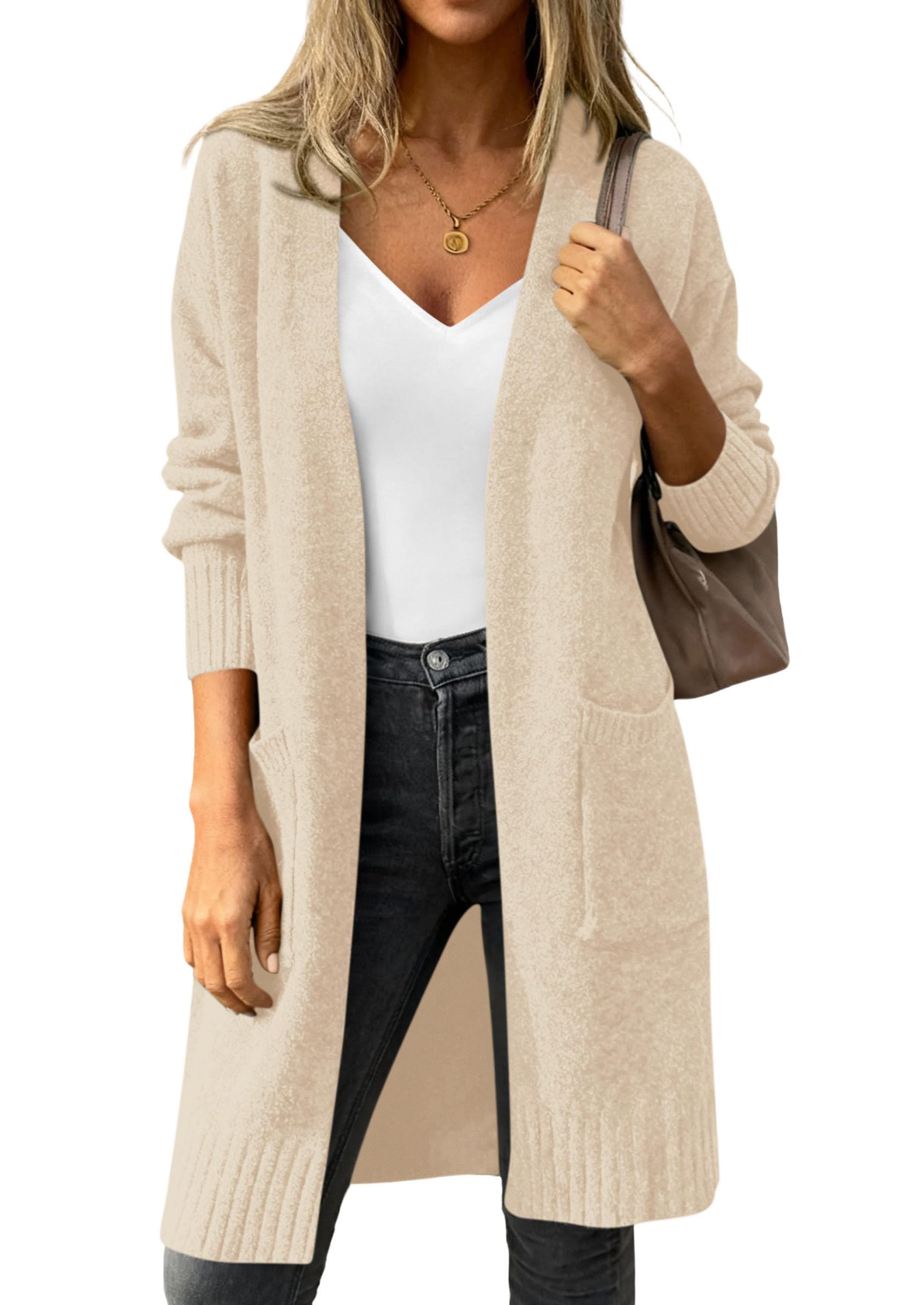 Women's Oversized Open Front Long Knit Cardigan,Apricot,L