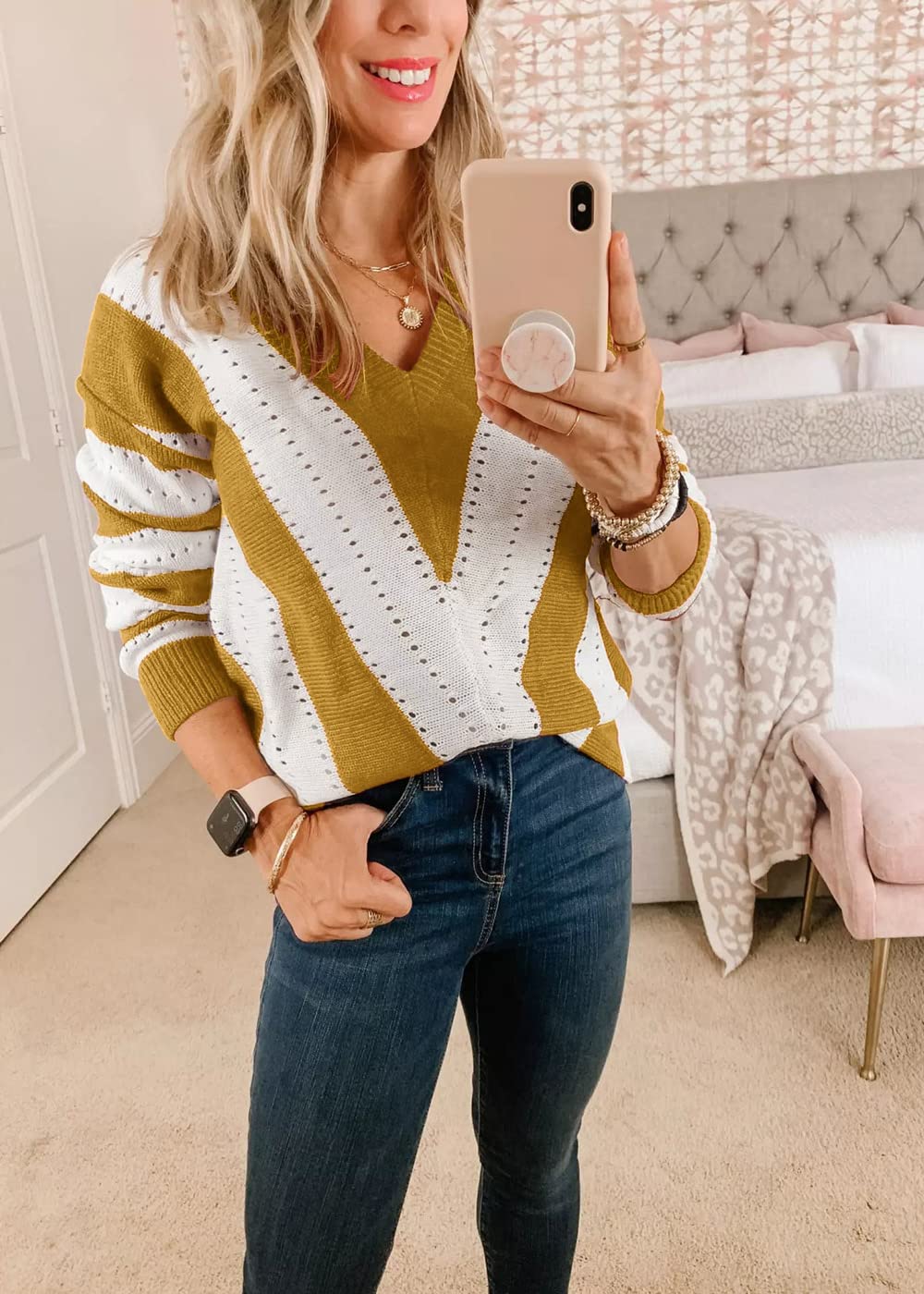 Women's V Neck Striped Knit Pullover Sweater