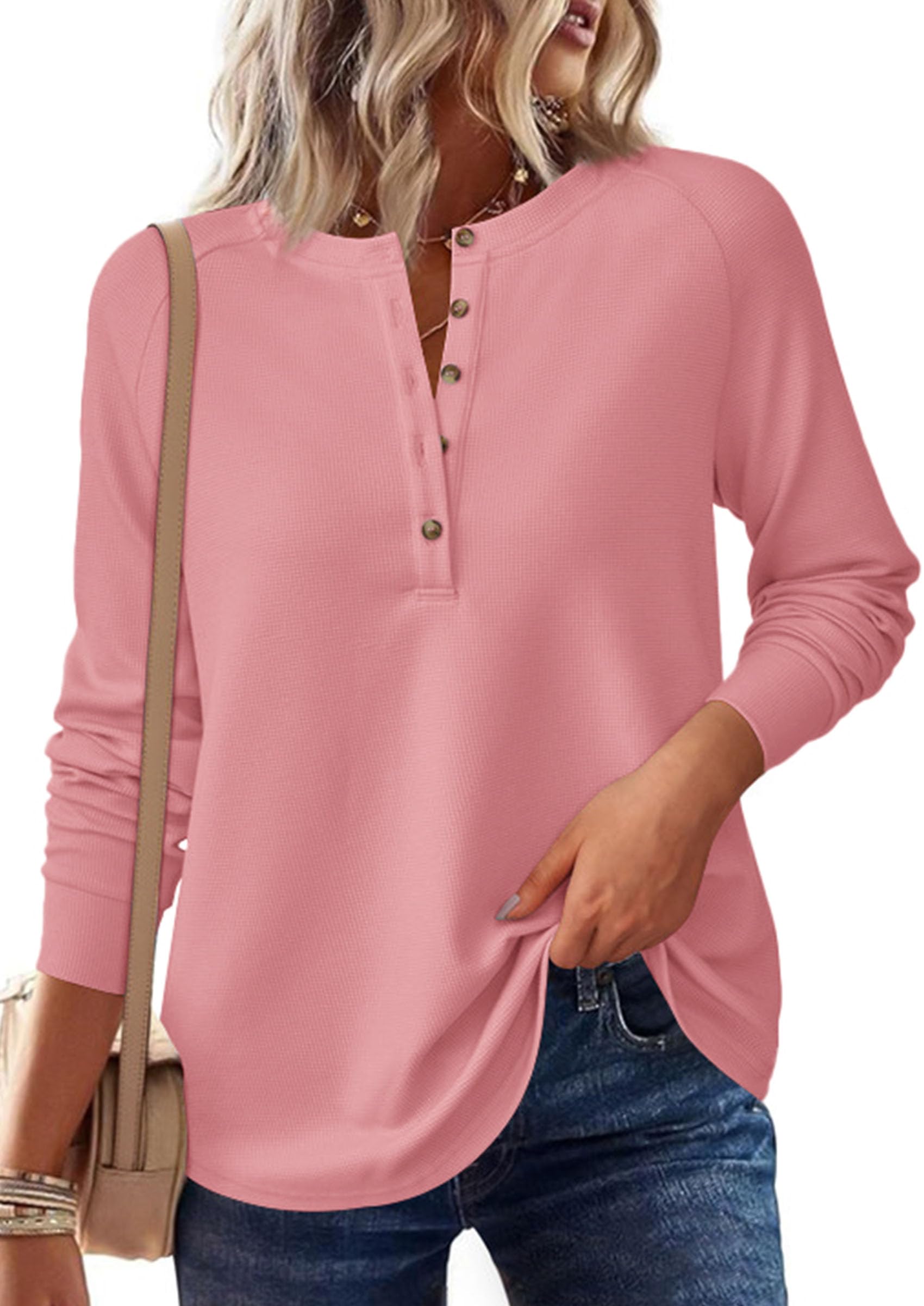 Women's Long Sleeve Waffle Knit Henley Shirts Loose Tunic Tops