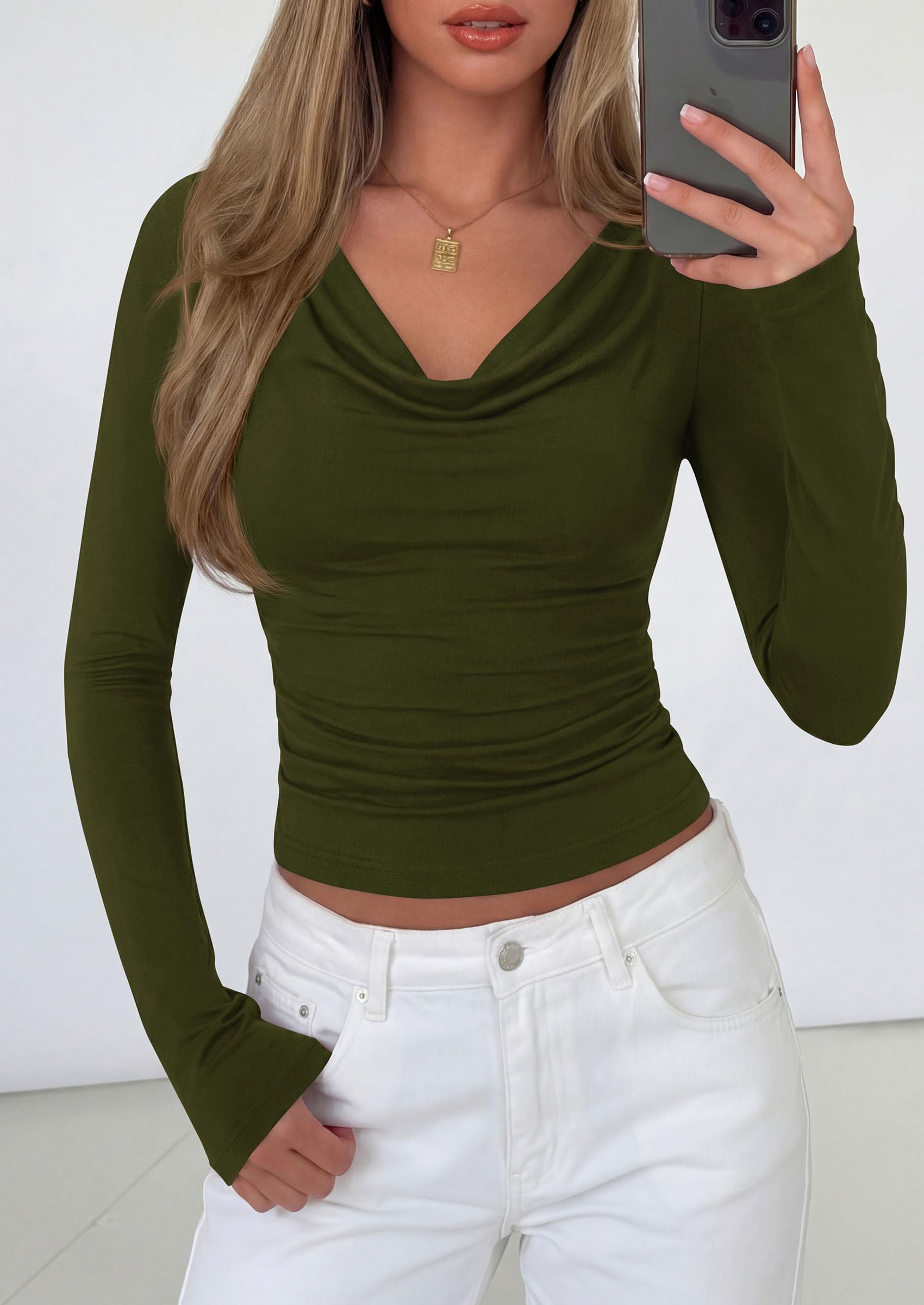 Women's Cowl Neck Long Sleeve Shirts (Army Green,XS)