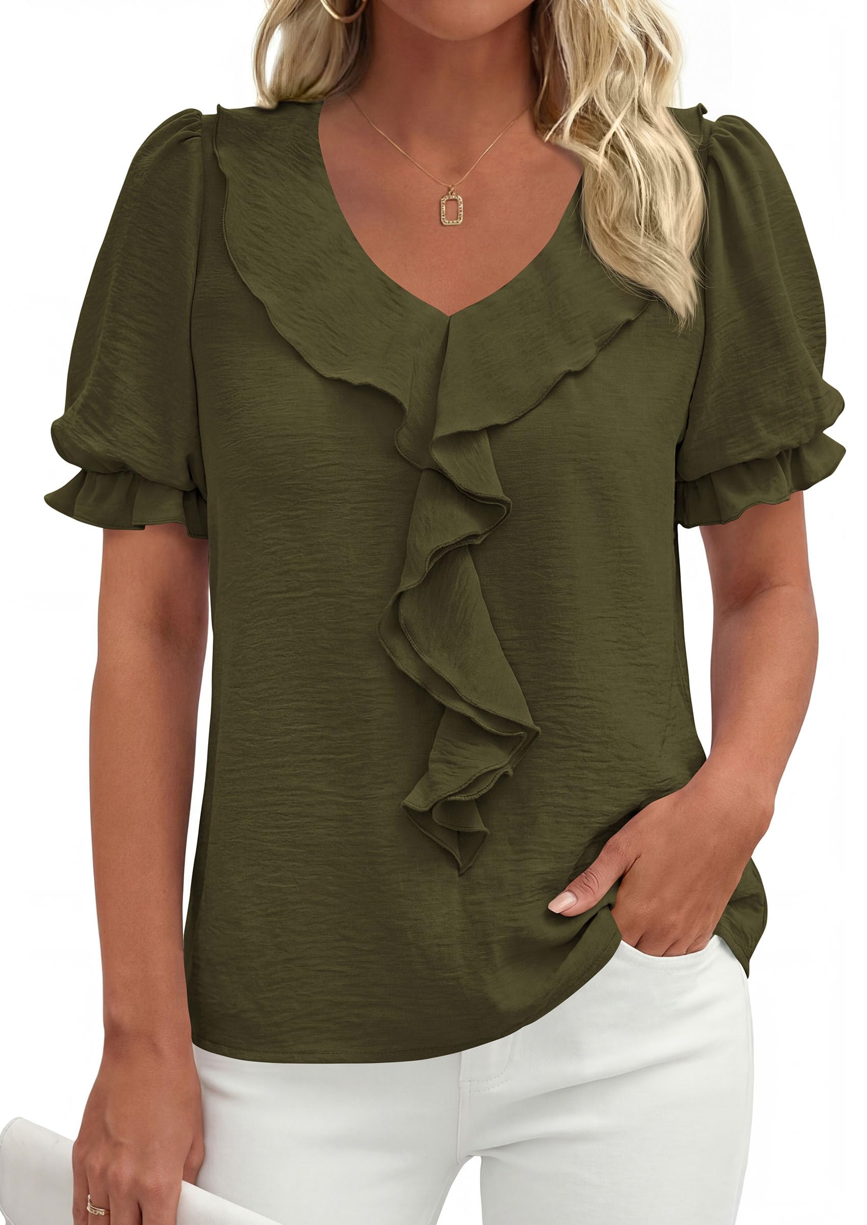 Women's Summer Ruffle Dressy Casual Blouses (Army Green,S)