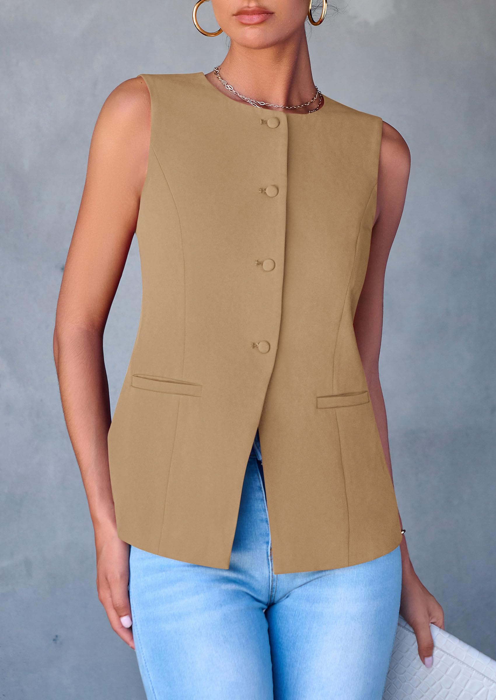 Women Tailored Suit Vest Business Casual Tops, Light Khaki,S