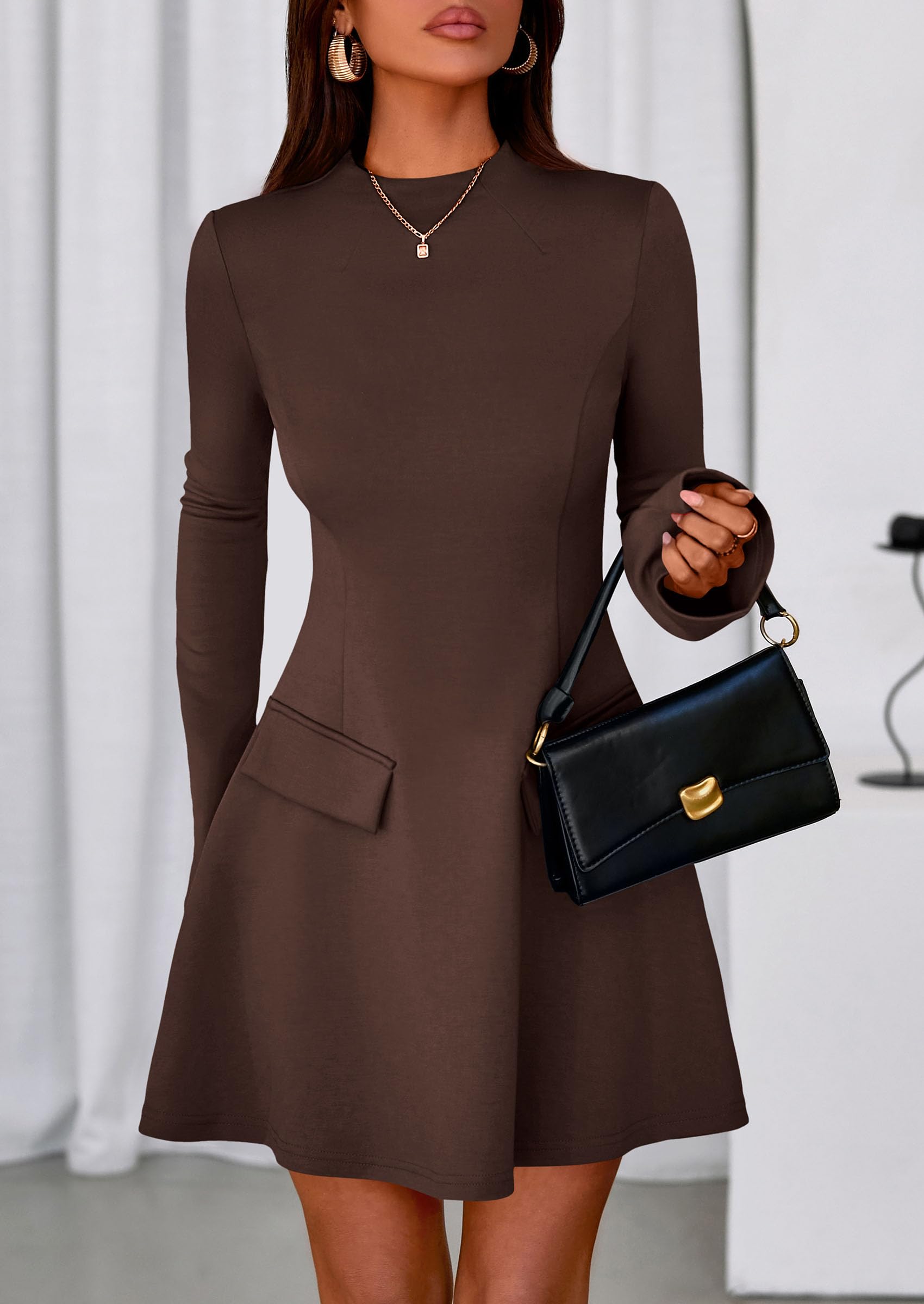 Women's Fall Bell Sleeve Short Dress,Brown,XS