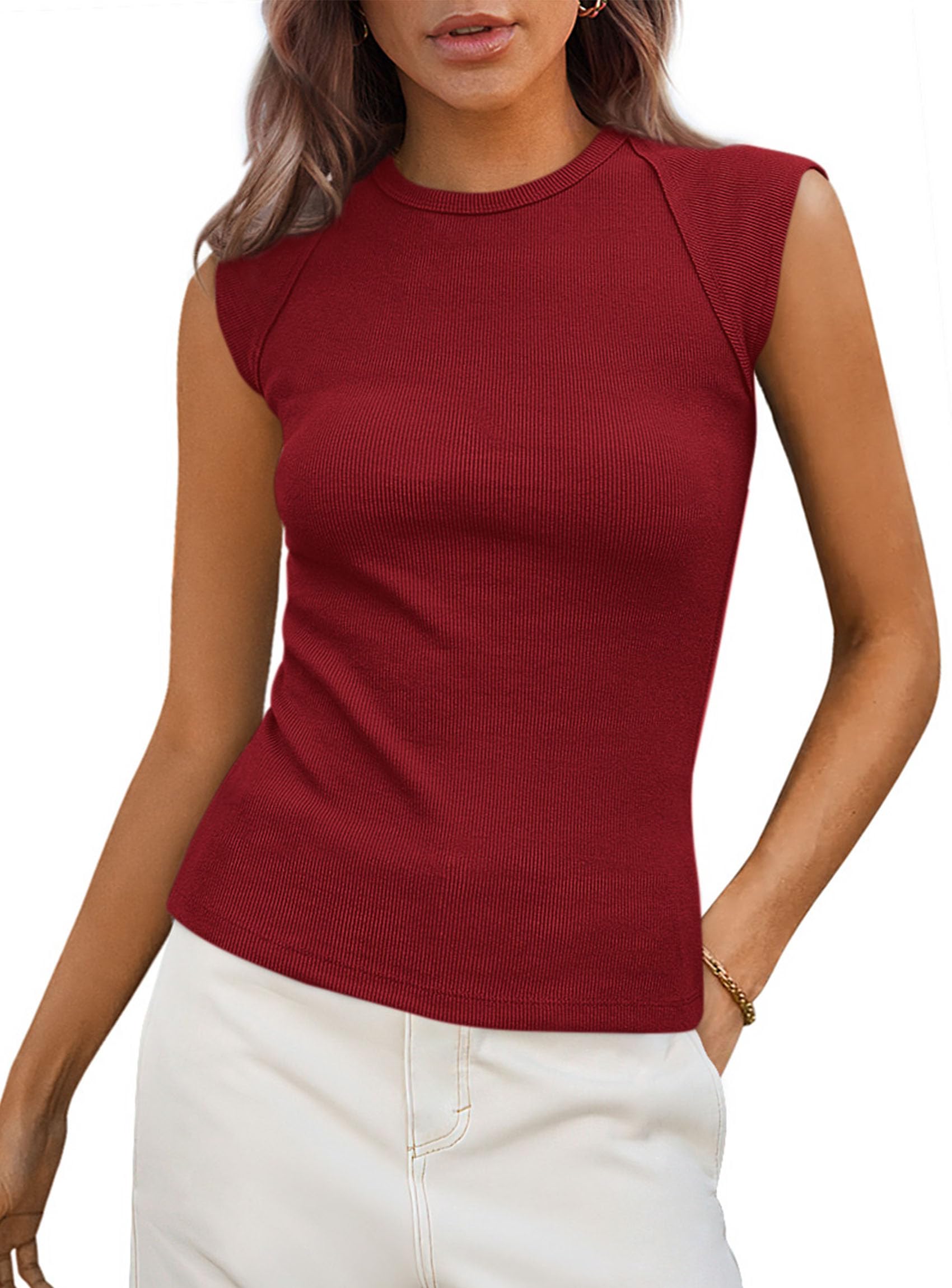 Women's Cap Sleeve Ribbed Tank Tops Summer, Wine Red,S