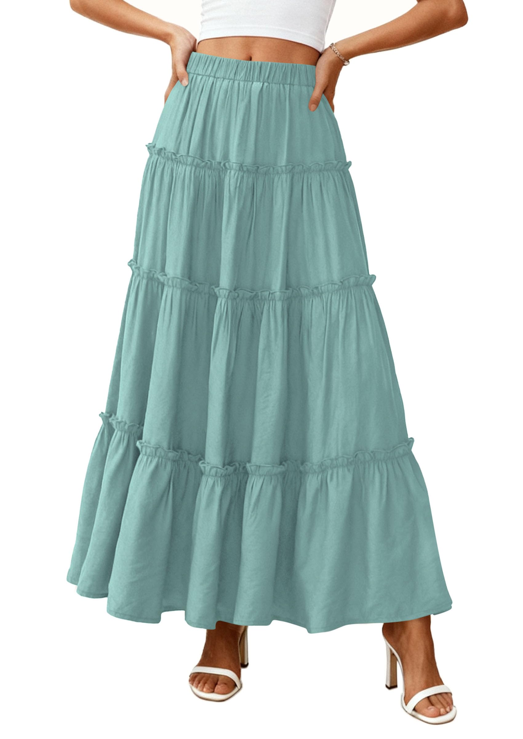Women's Boho Tiered Ruffle Flowy Maxi Skirt, Blue Green,S