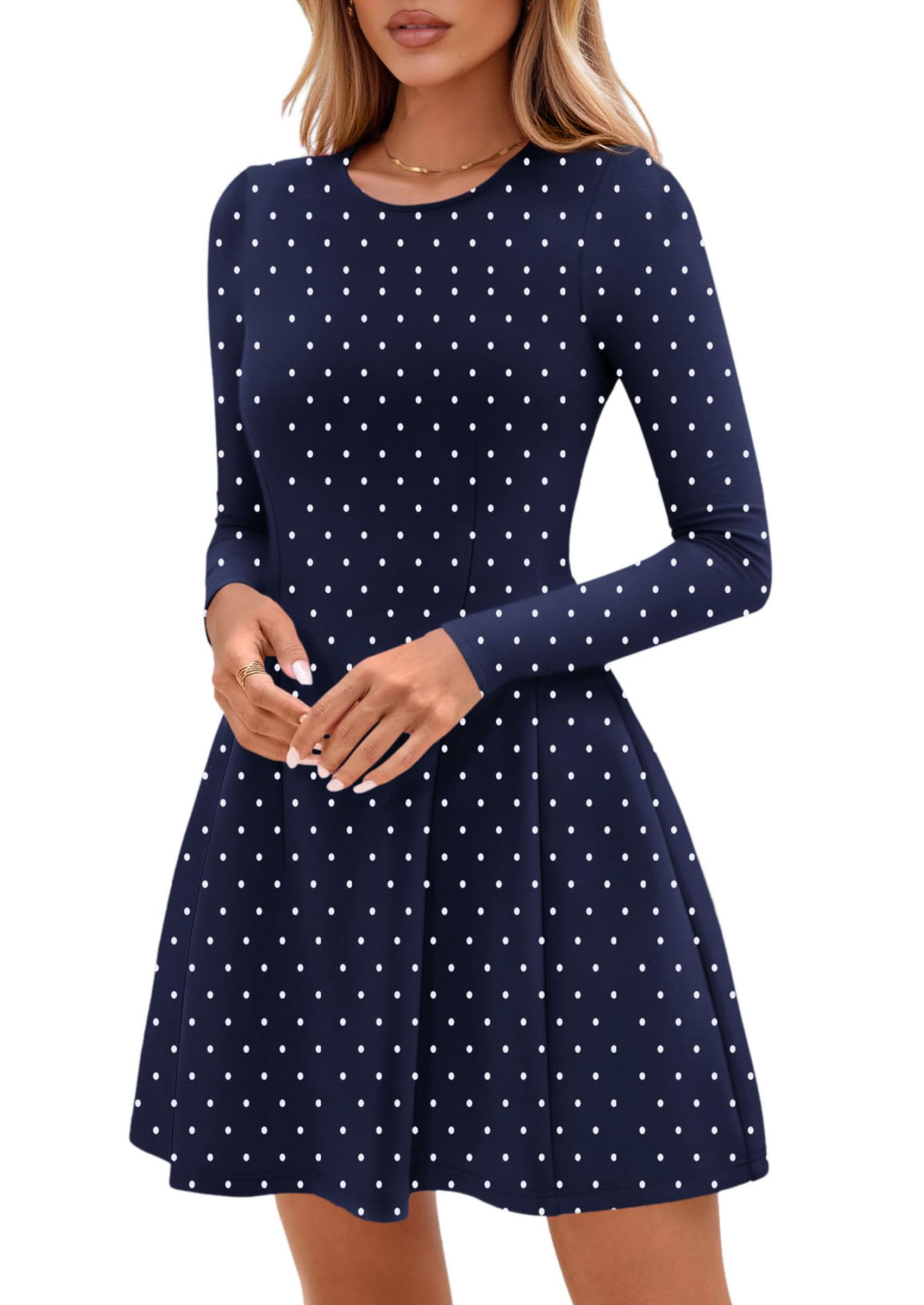 Womens Long Sleeve Pleated Mini Dress,Dot Navy White,XS