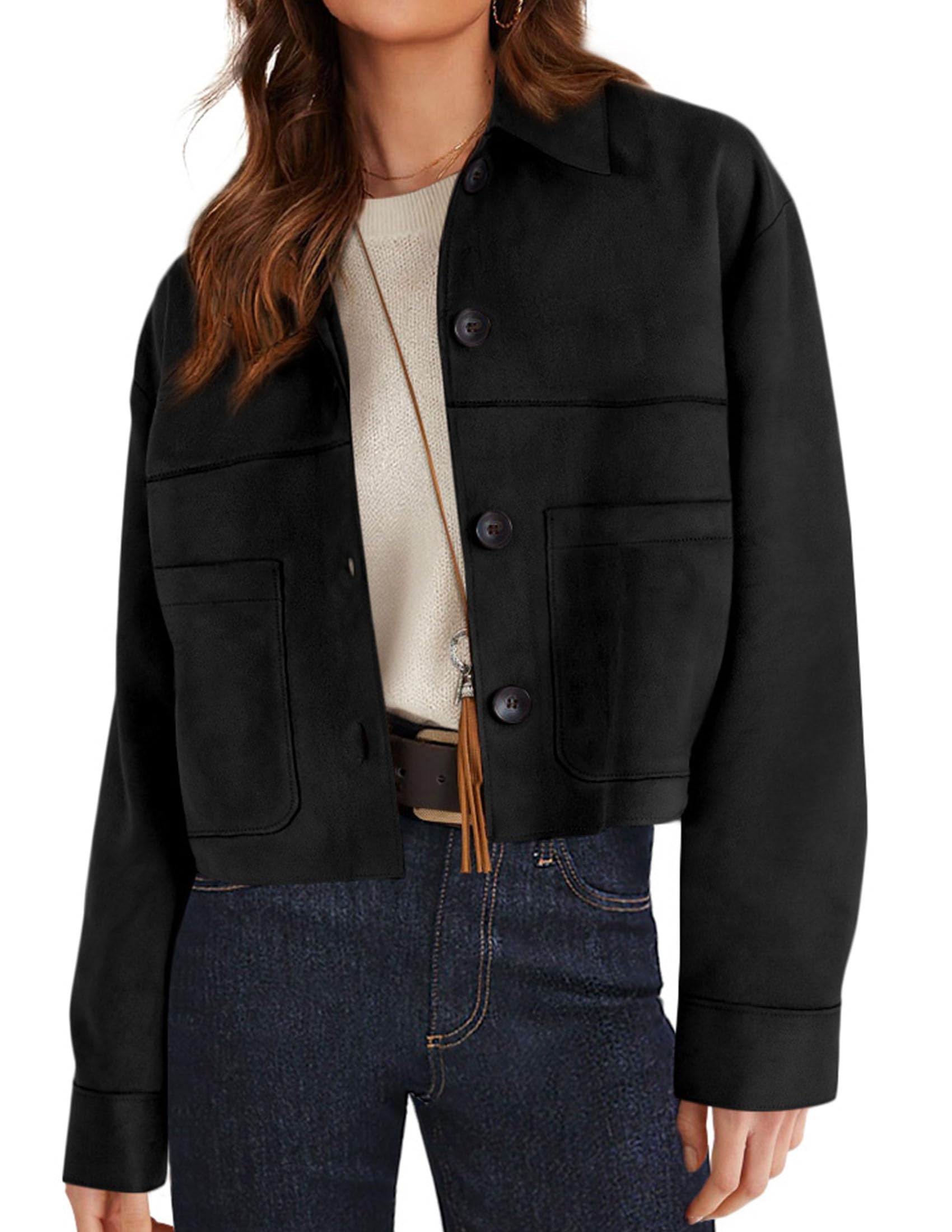 Women's Faux Suede Shacket Jackets Lightweight Cropped Coats