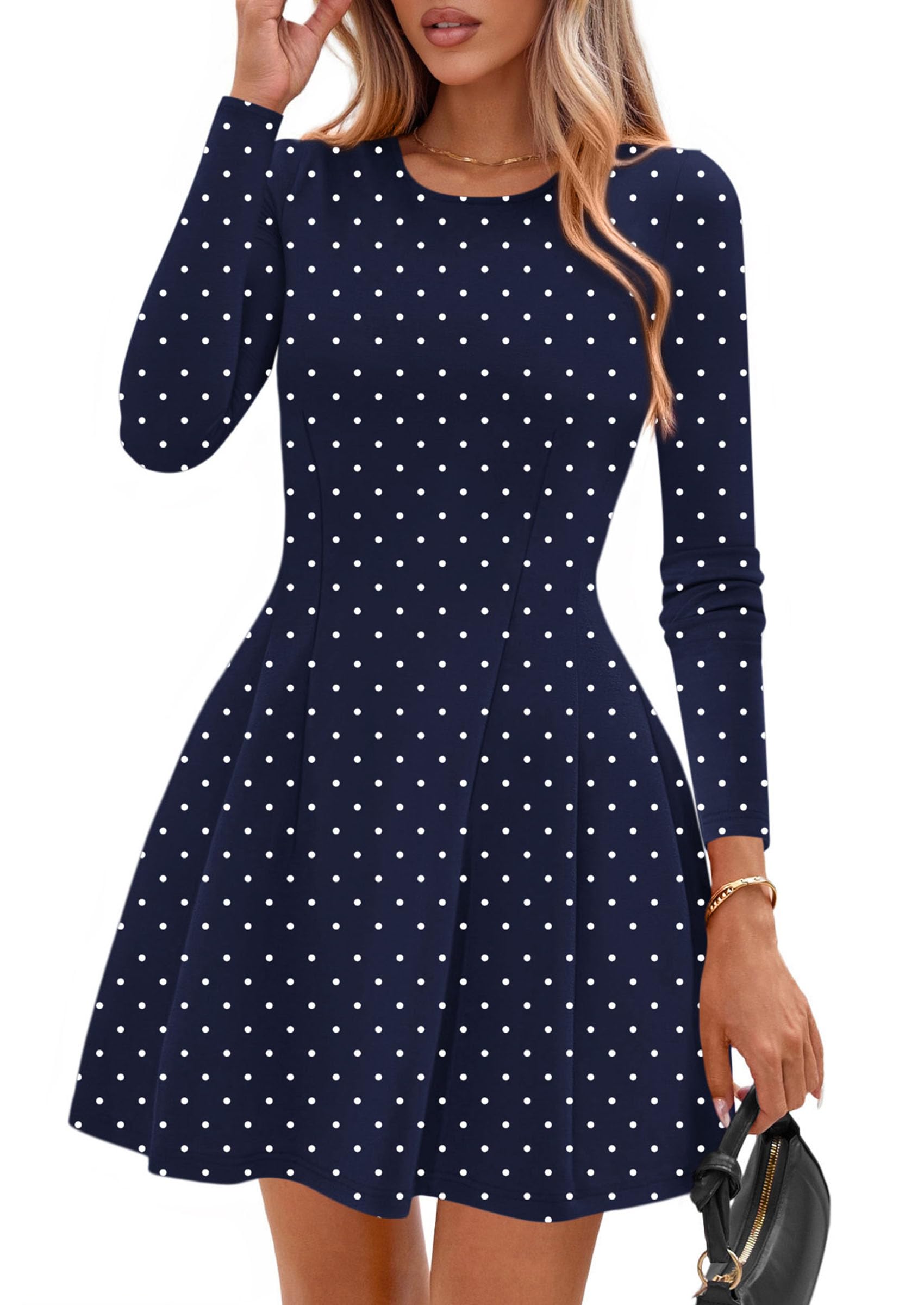 Womens Long Sleeve Pleated Mini Dress,Dot Navy White,XS