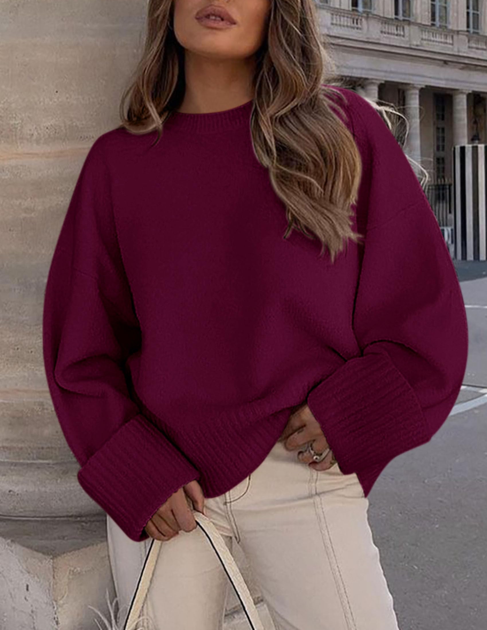 Women's Fall Fashion Cozy Oversized Sweaters(Wine Red,XS)