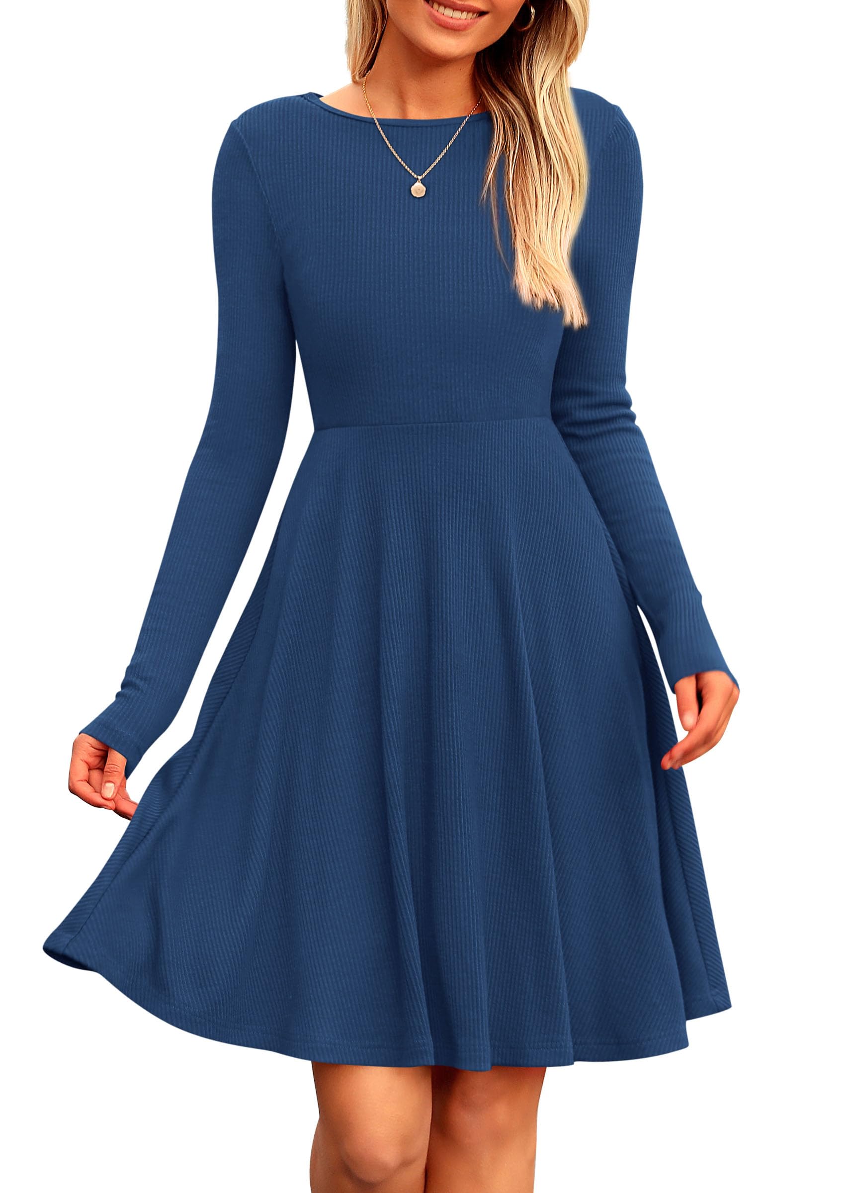 Women's Fall Casual Long Sleeve Short Dress (Dark Blue,S)