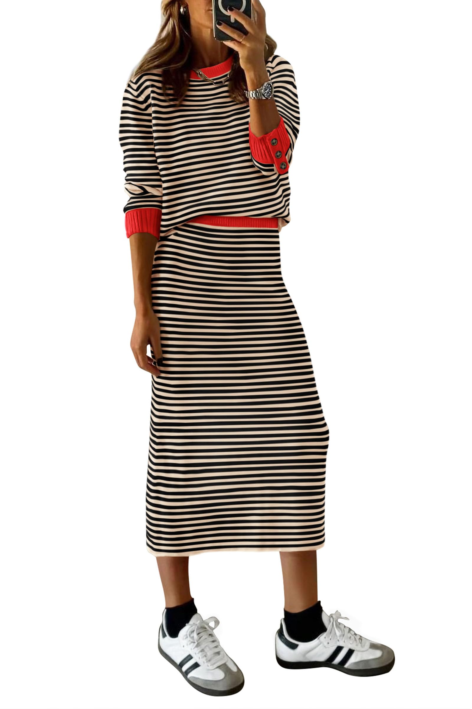 Women's 2 Piece Striped Sweater Skirt Set Fall Matching Sets