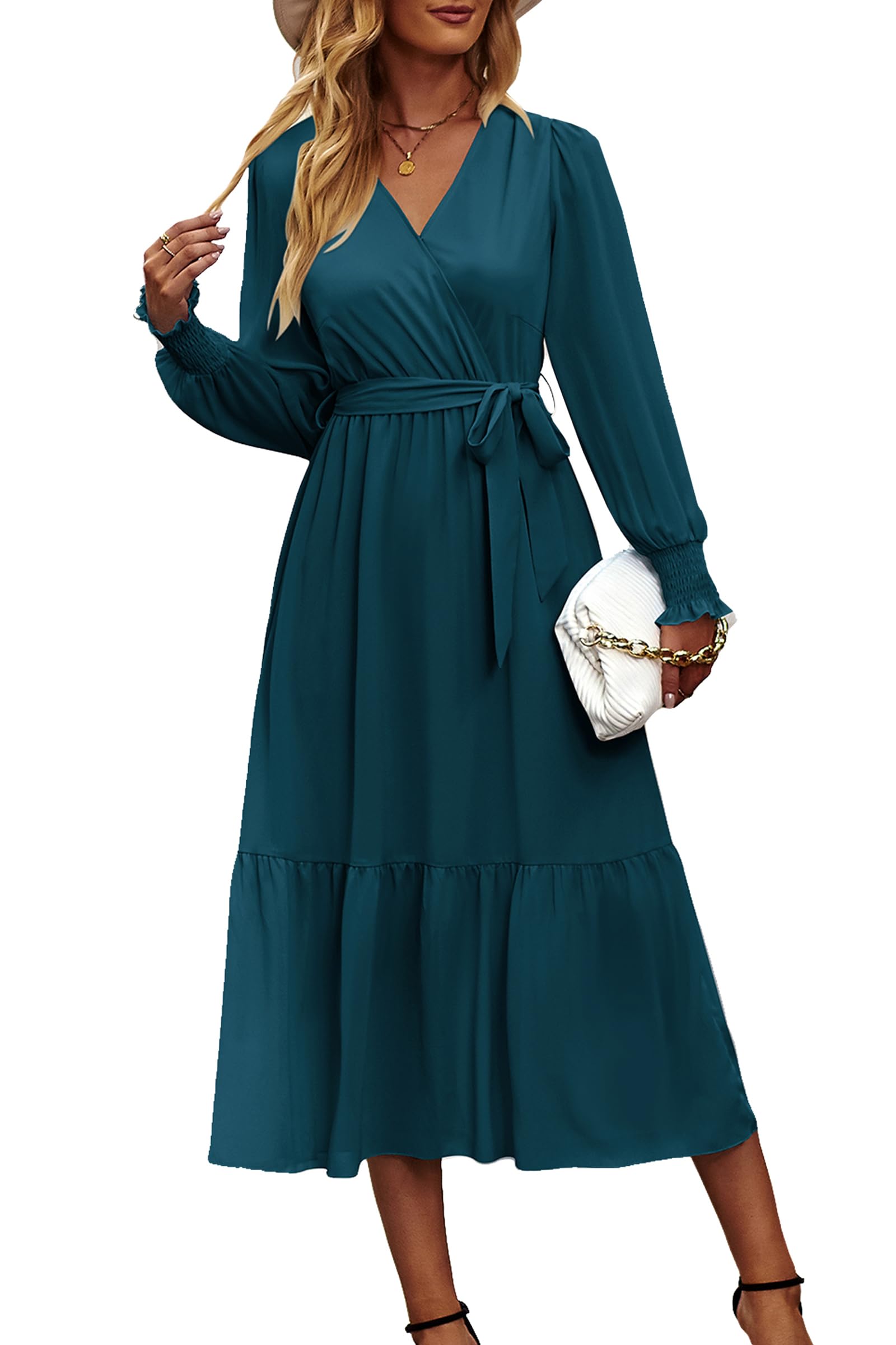 Women's Boho Long Sleeve Maxi Dress, Solid Lake Blue,S