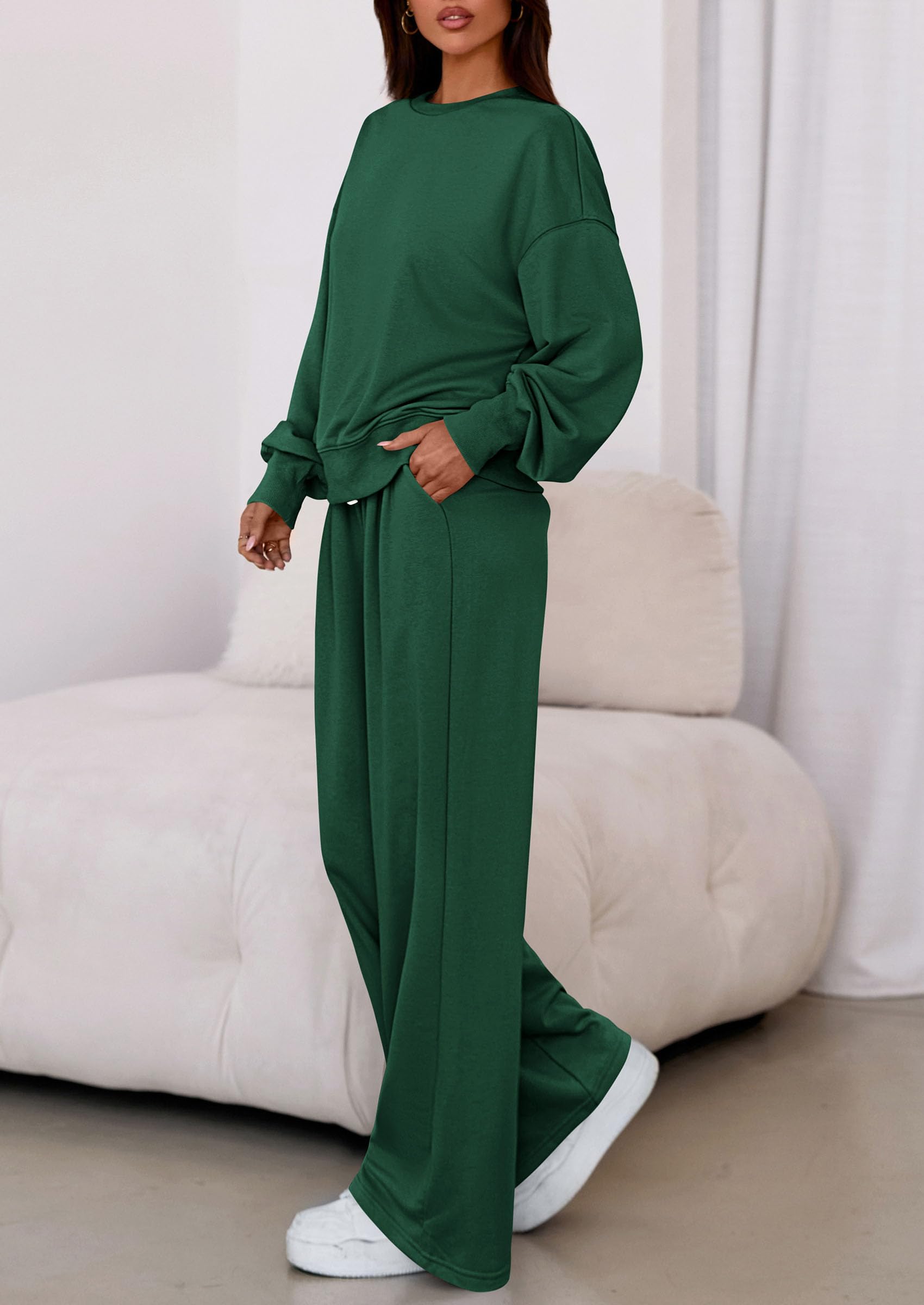 Womens Loose Fit Casual 2 Piece Lounge Set,Dark Green,S
