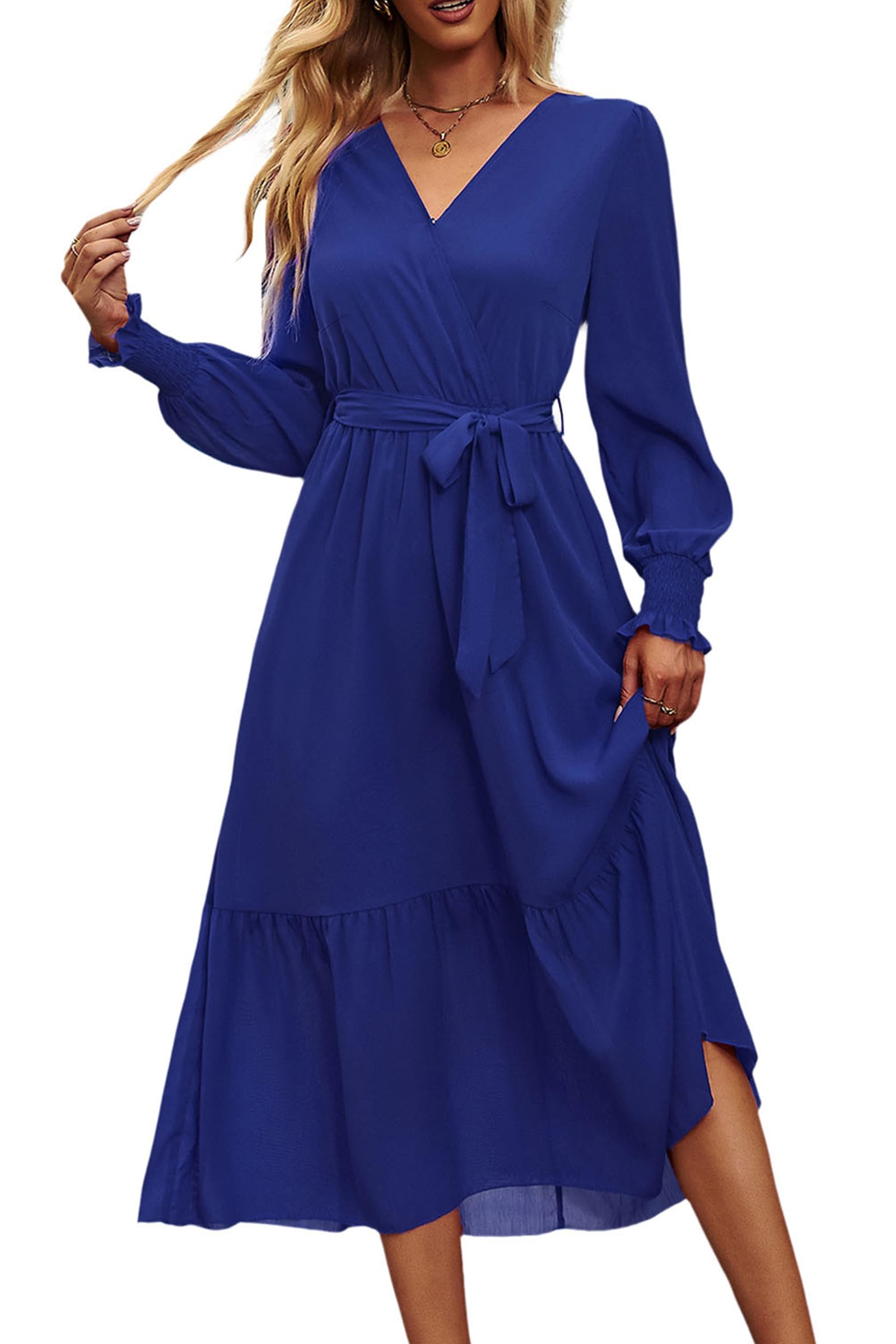 Women's Boho Long Sleeve Maxi Dress, Solid Blue,S