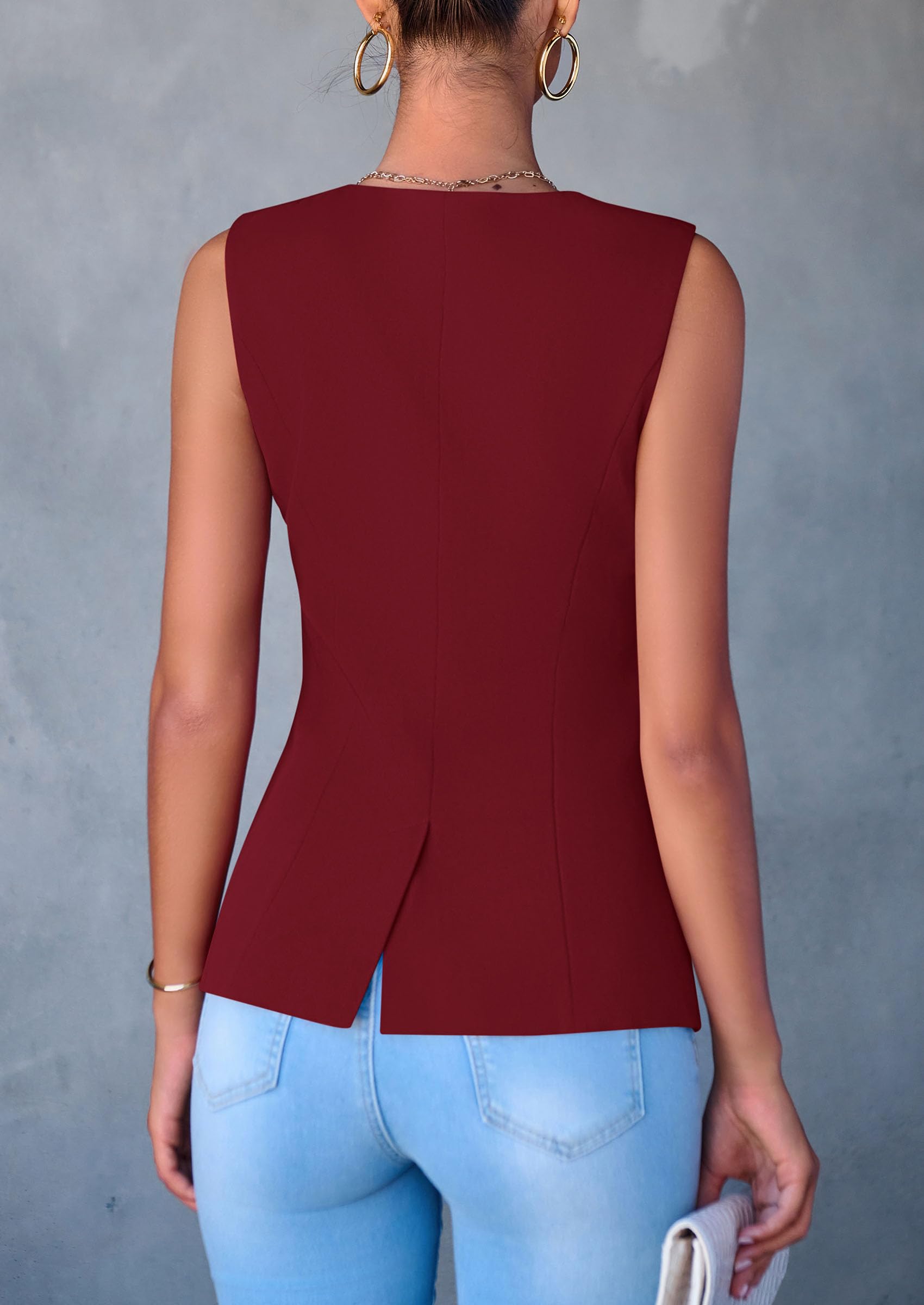 Women Tailored Suit Vest Business Casual Tops, Red,S
