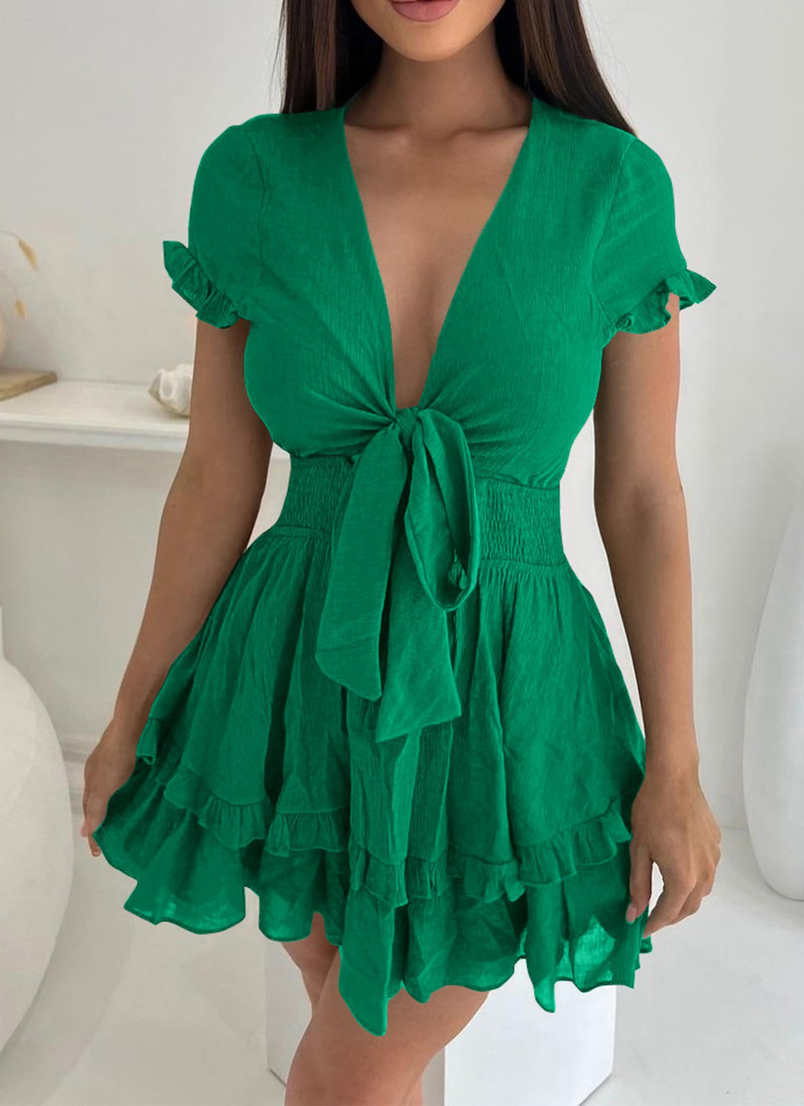 Women's Boho Floral Mini Tiered Bow Dress, Green,S