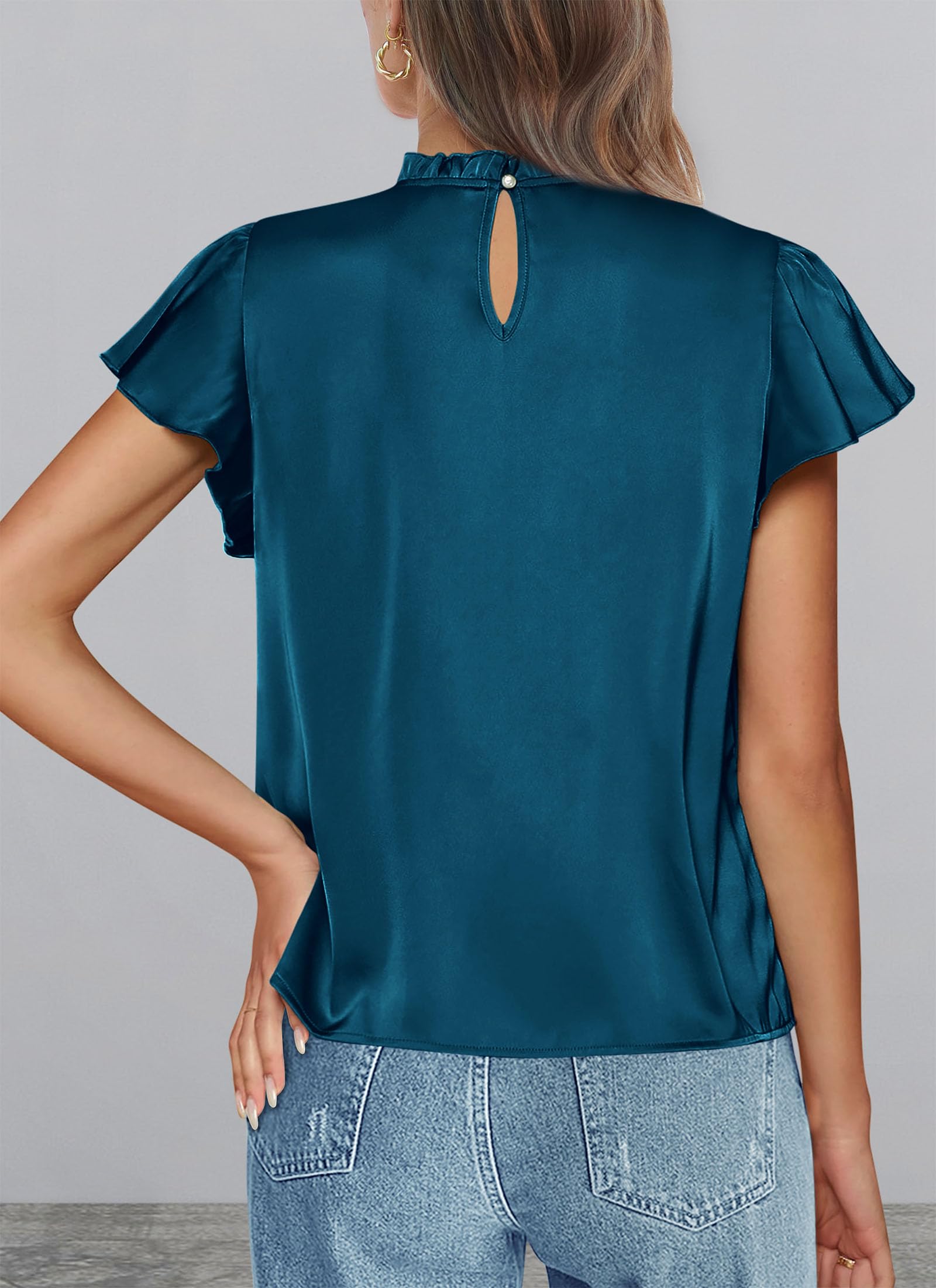 Women Satin Tops Business Casual Work Blouses, Dark Sea Blue,S
