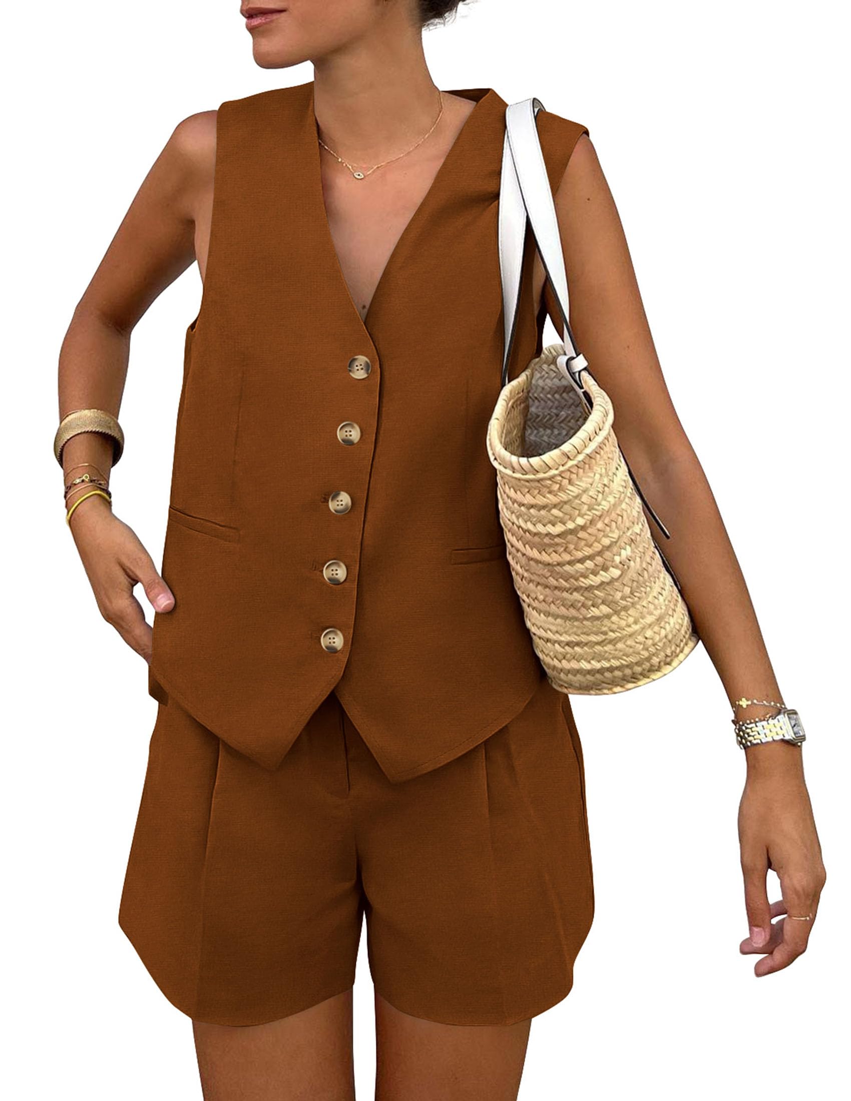 Women's Summer Two Piece Outfits Sets (Brown,X-Small)