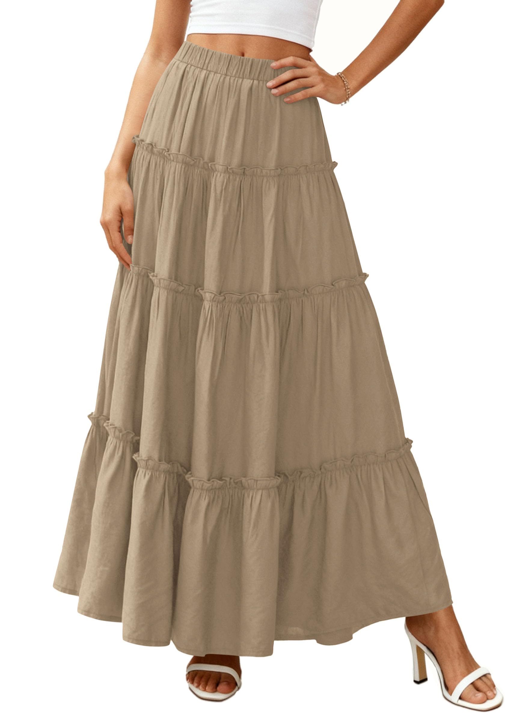 Women's Boho Tiered Ruffle Flowy Maxi Skirt, Khaki,XL