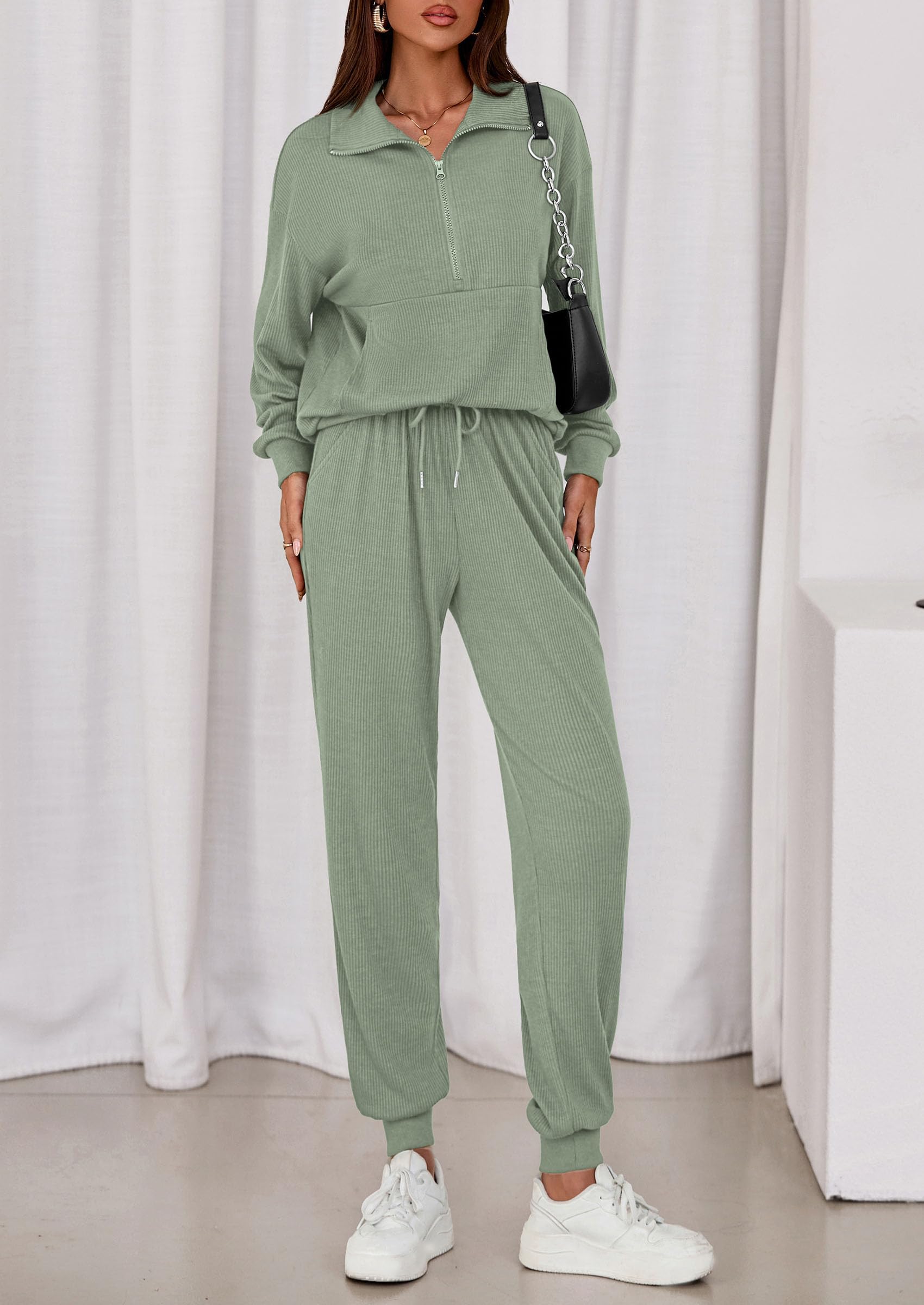Airport Travel Outfit Women Ribbed Knit Matching Lounge Sets