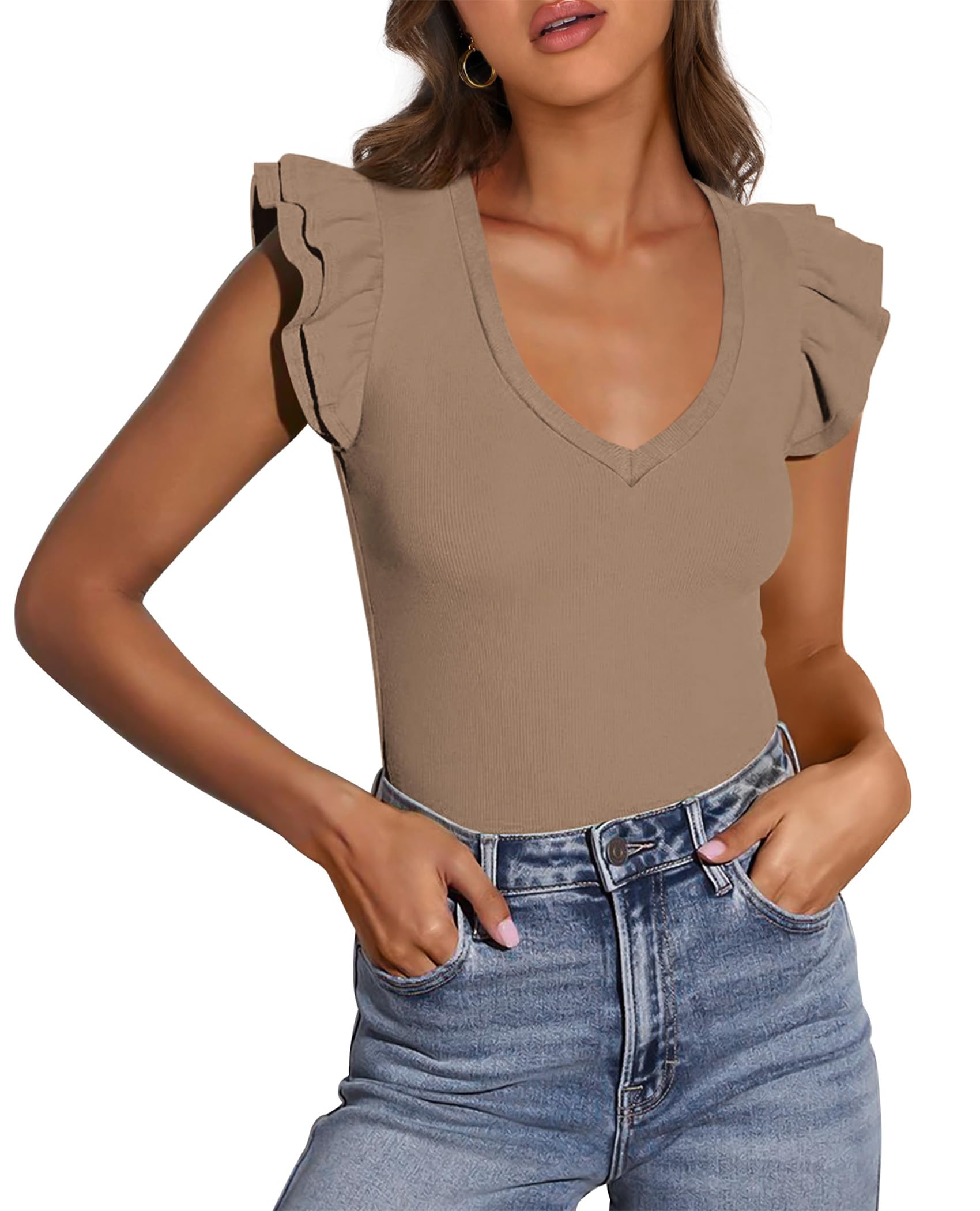 Womens Sleeveless Slim Fit T Shirts,Khaki,S