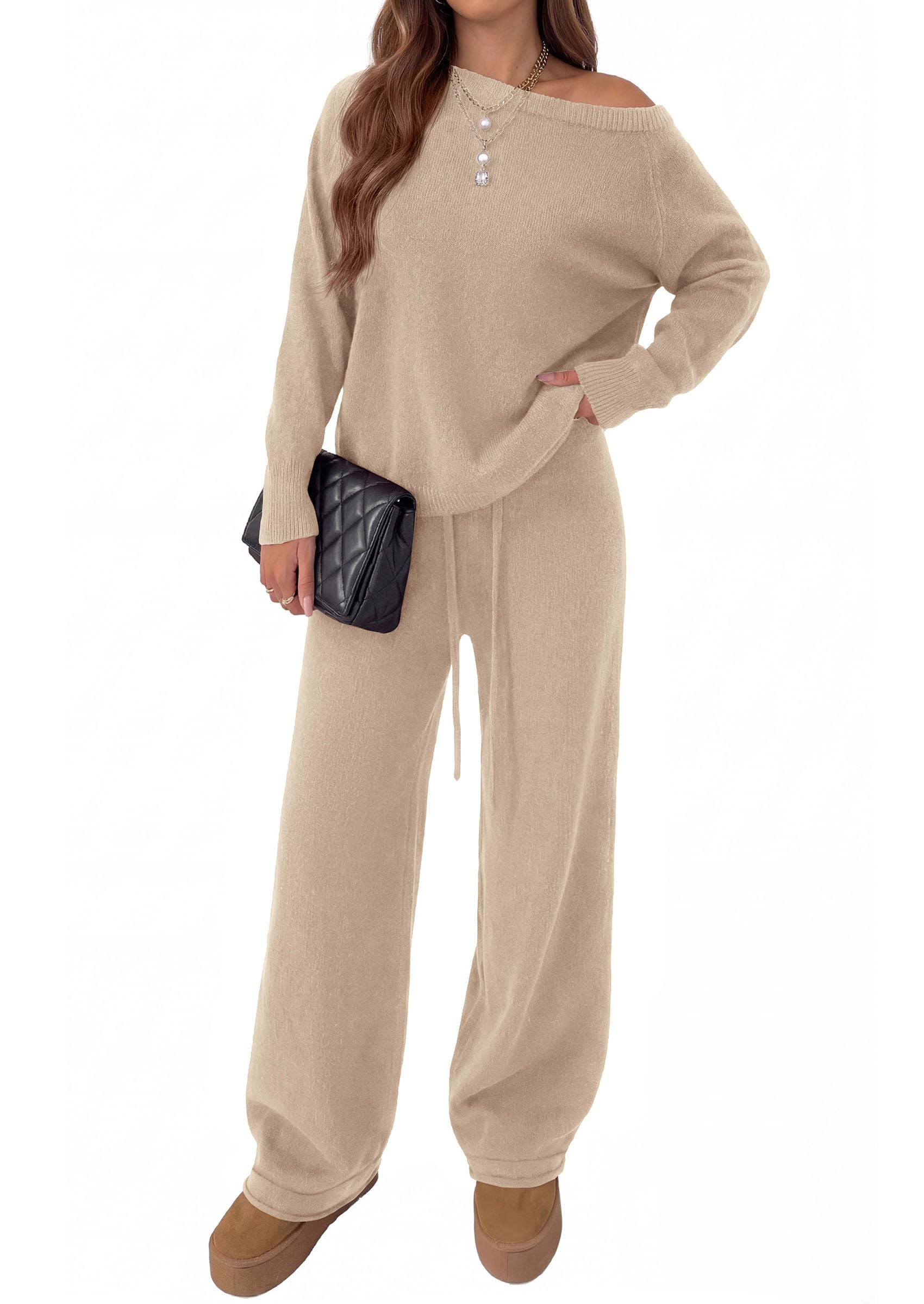 Lounge Sets Womens Sweaters Two Piece Outfits (Khaki,L)