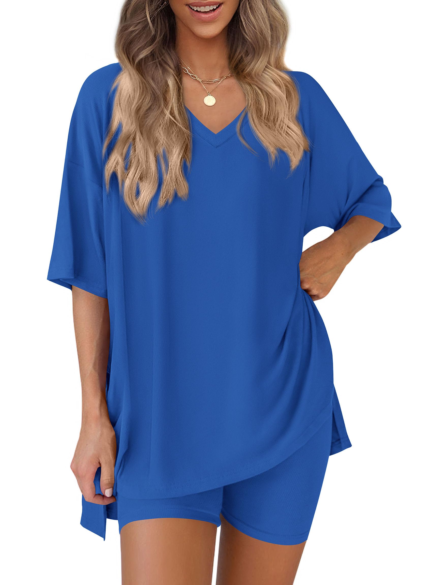 Womens 2 Piece Outfit Lounge Short Sets,Royal Blue,S