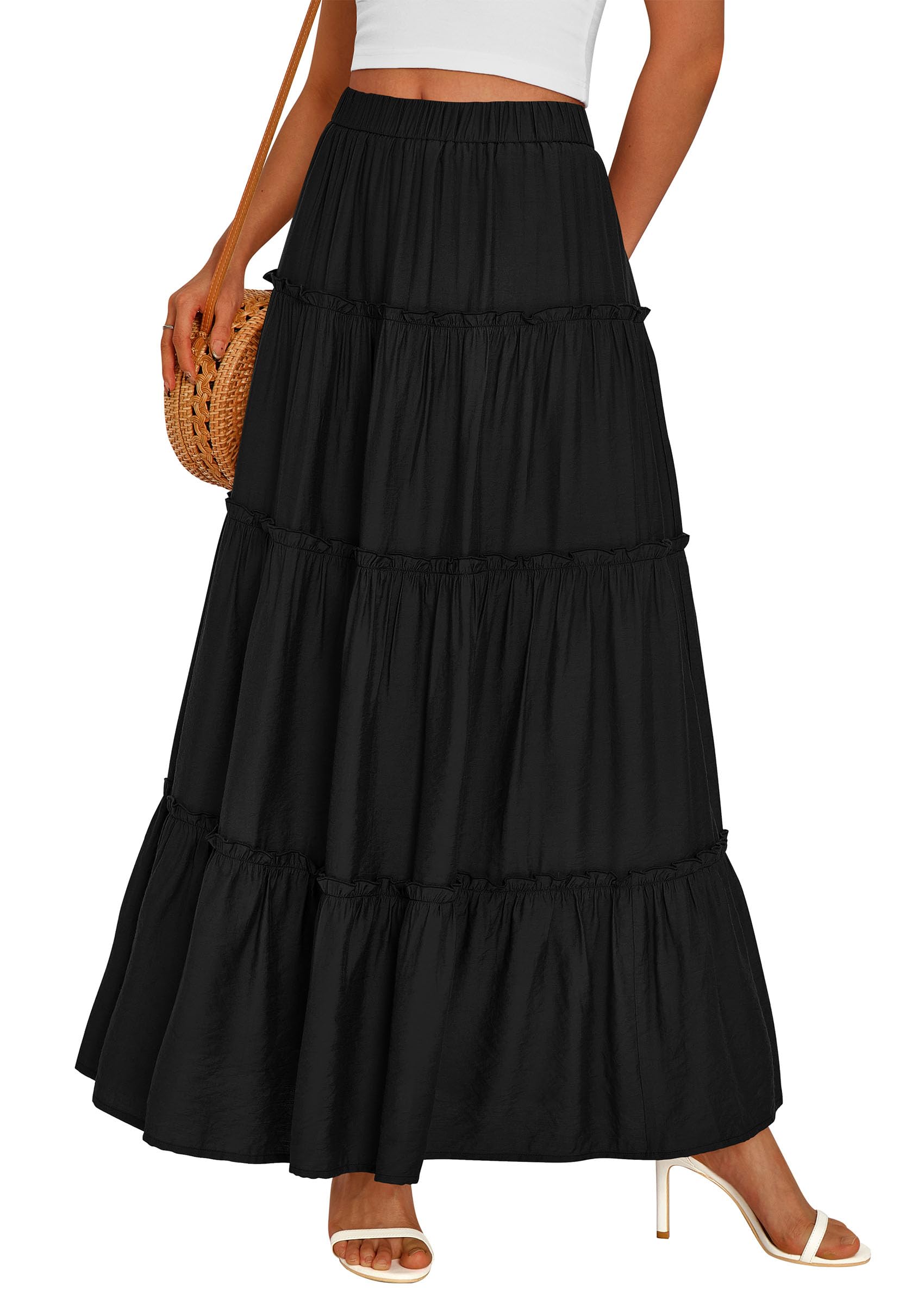 Women's Boho Tiered Ruffle Flowy Maxi Skirt, Black,S