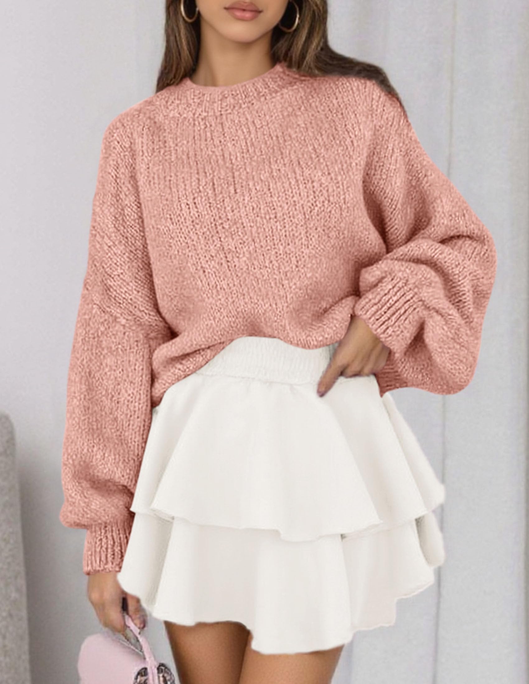 Women's Chunky Knit Oversized Pullover Sweaters,Light Pink,S