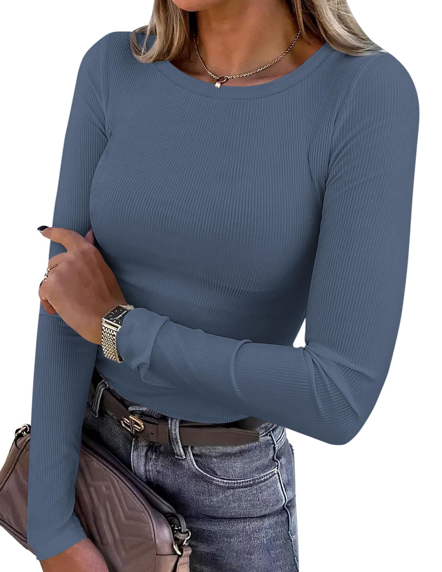 Women's Fall Long Sleeve Shirts Basic Tees (Dusty Blue,XS)