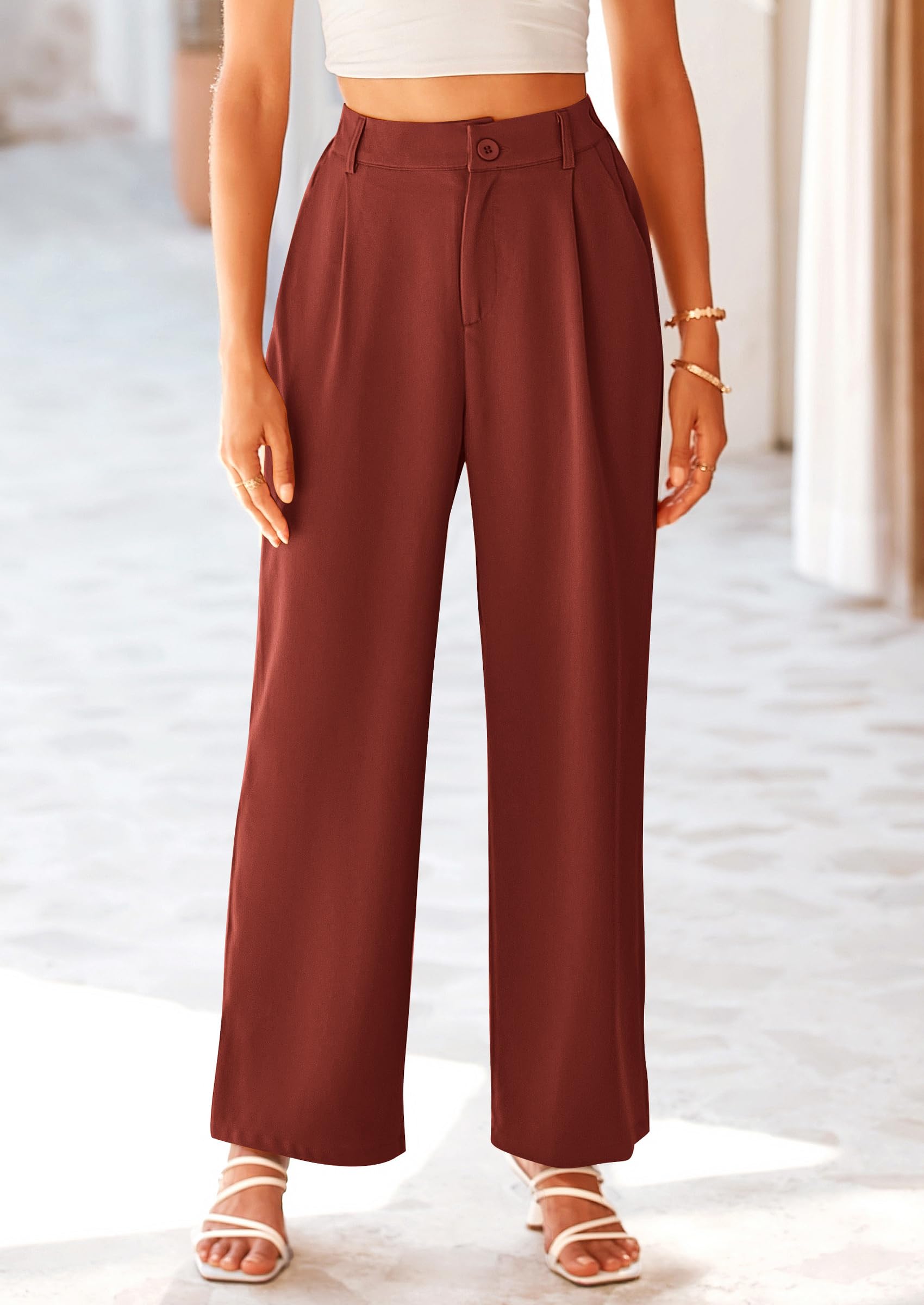 Women's Flowy Wide Leg Dress Pants,Rust Red,S