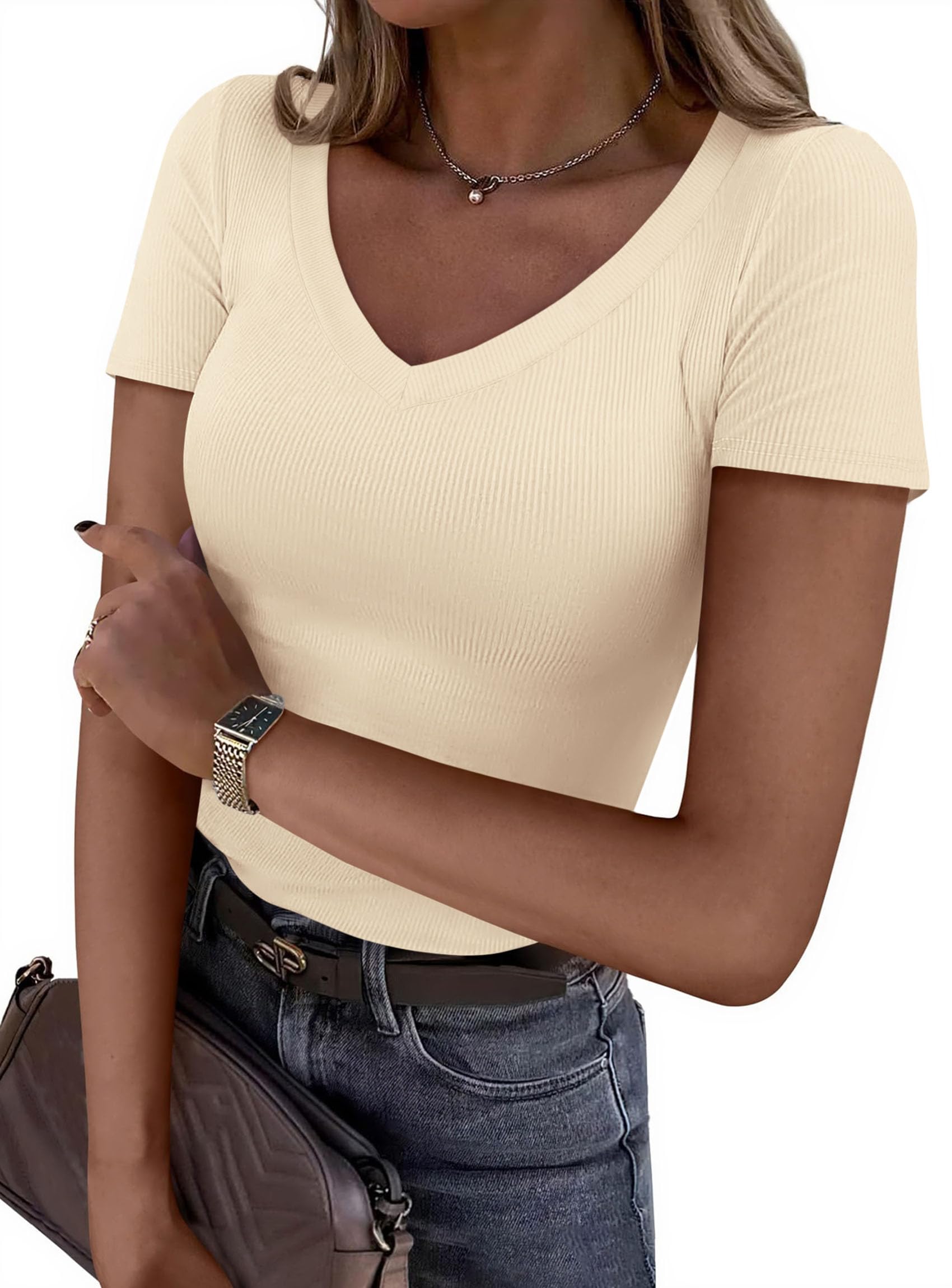 Women's Summer Trendy Tops V Neck T Shirts (Beige,XS)