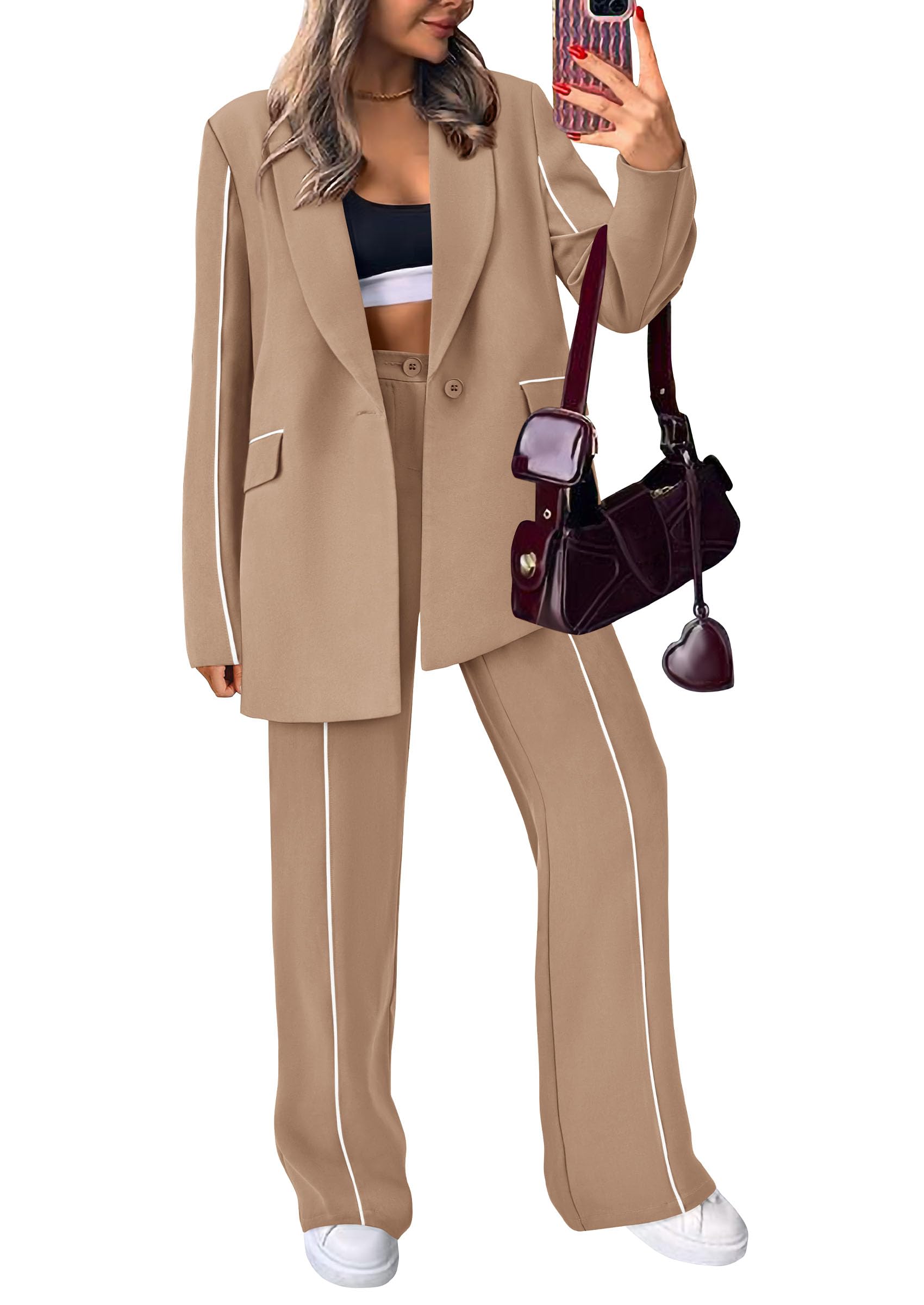 Women's 2 Piece Blazer Business Casual Outfits(Khaki,XXL)