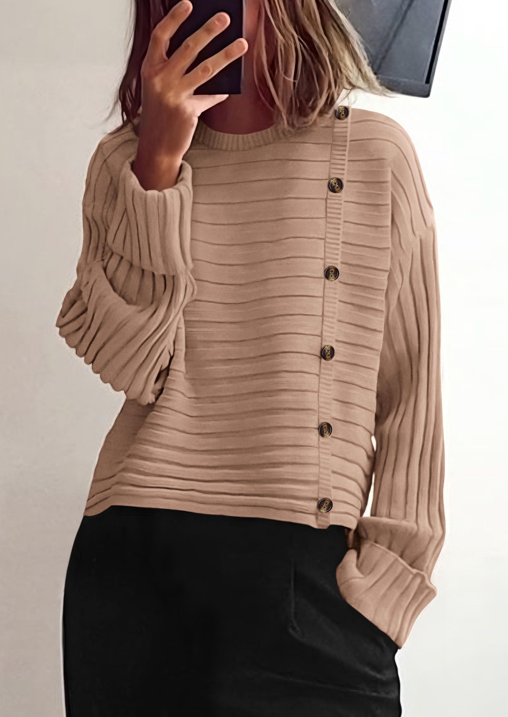 Womens Asymmetric Button Long Sleeve Sweater,Khaki,S