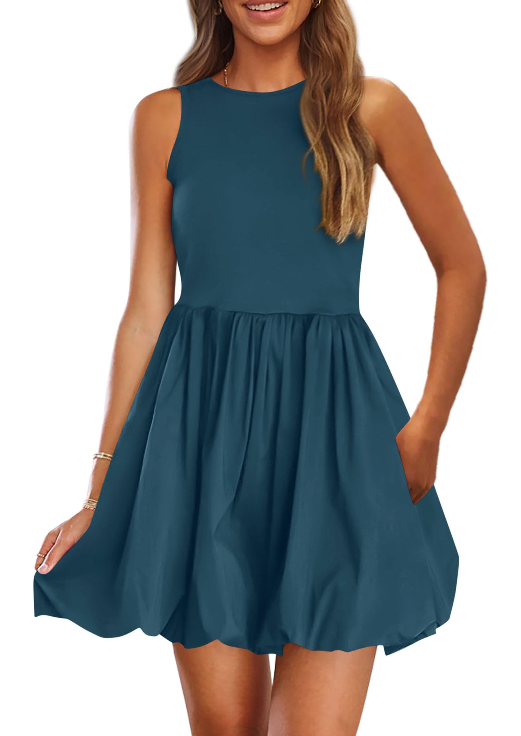 Womens Summer Bubble Sleeveless Mini Dress,Peacock Blue,S