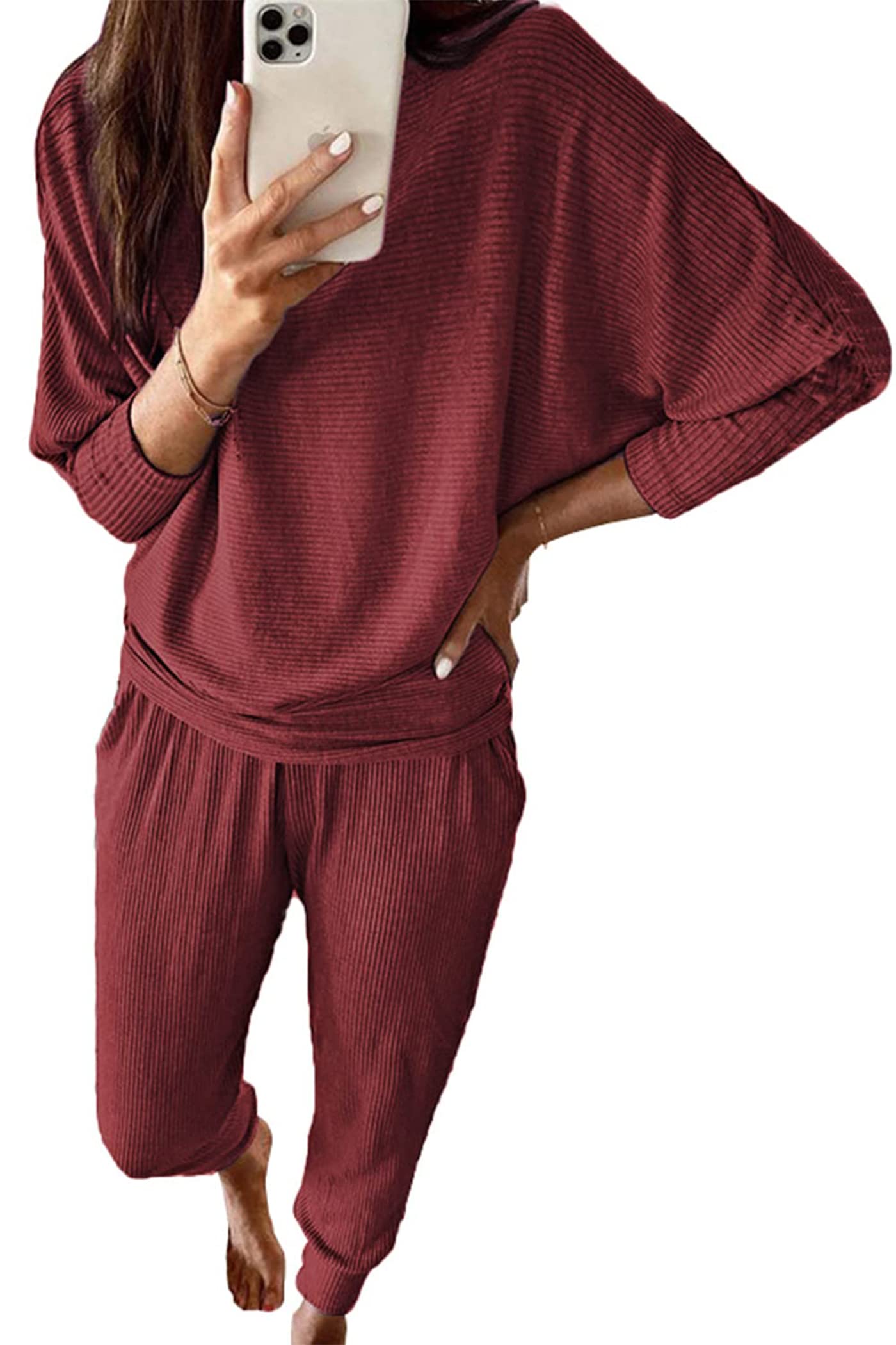 Women's 2 Piece Outfit Matching Lounge Set, Brown Red,S