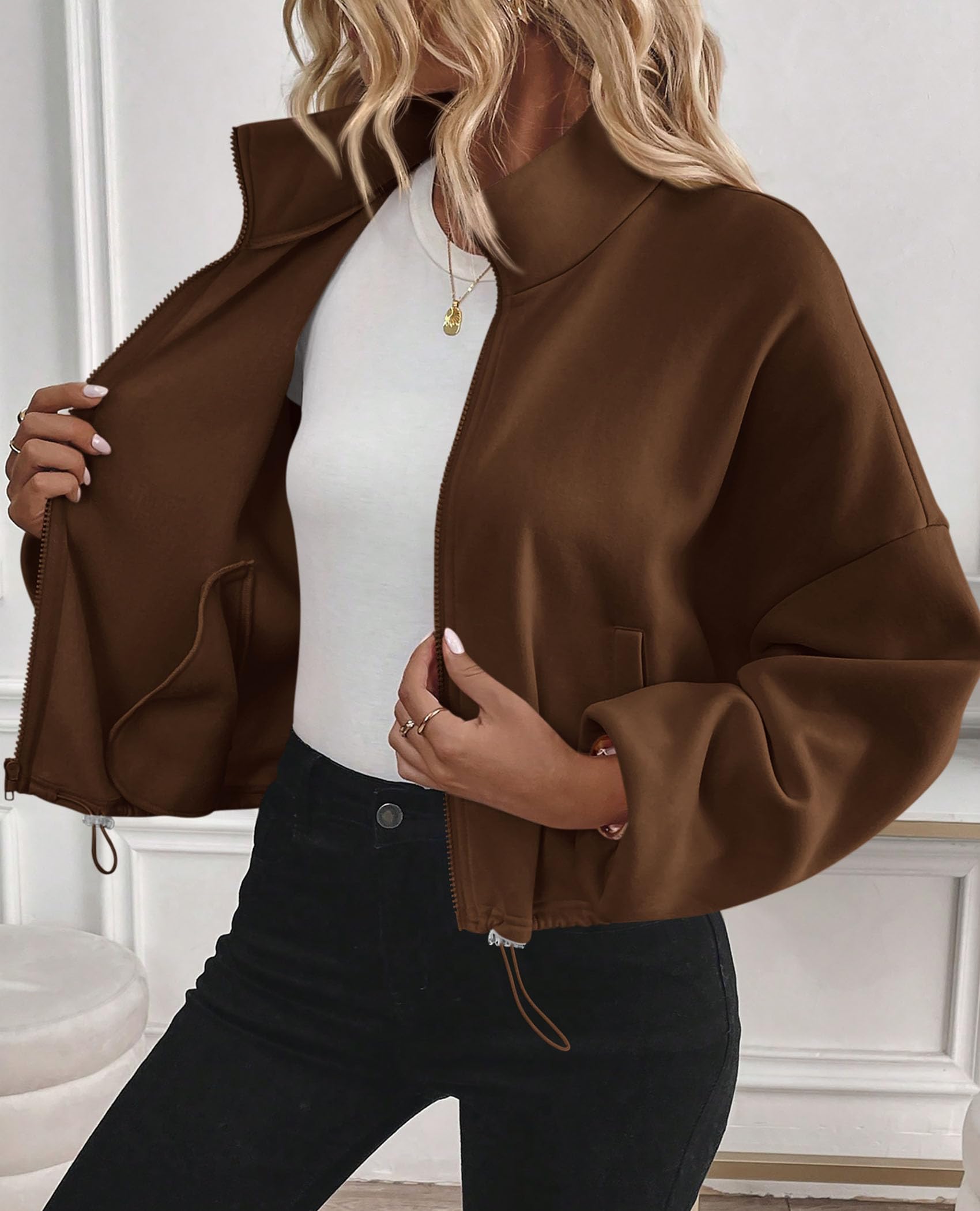 Women's Cropped Jacket Zip Up Fleece Sweatshirt Fall Outfits