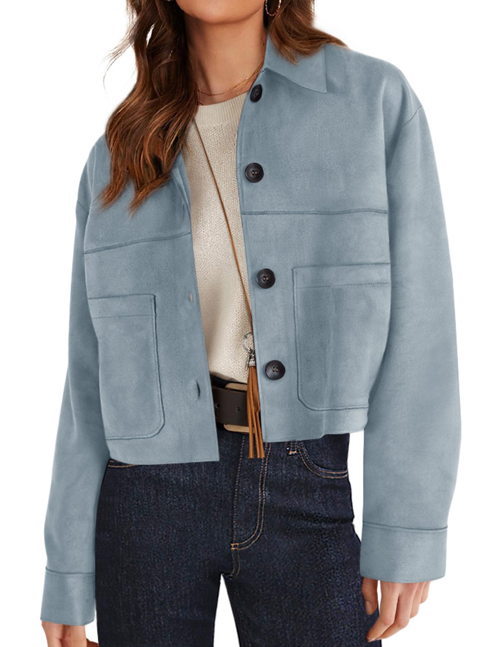 Women's Faux Suede Shacket Jackets Lightweight Cropped Coats