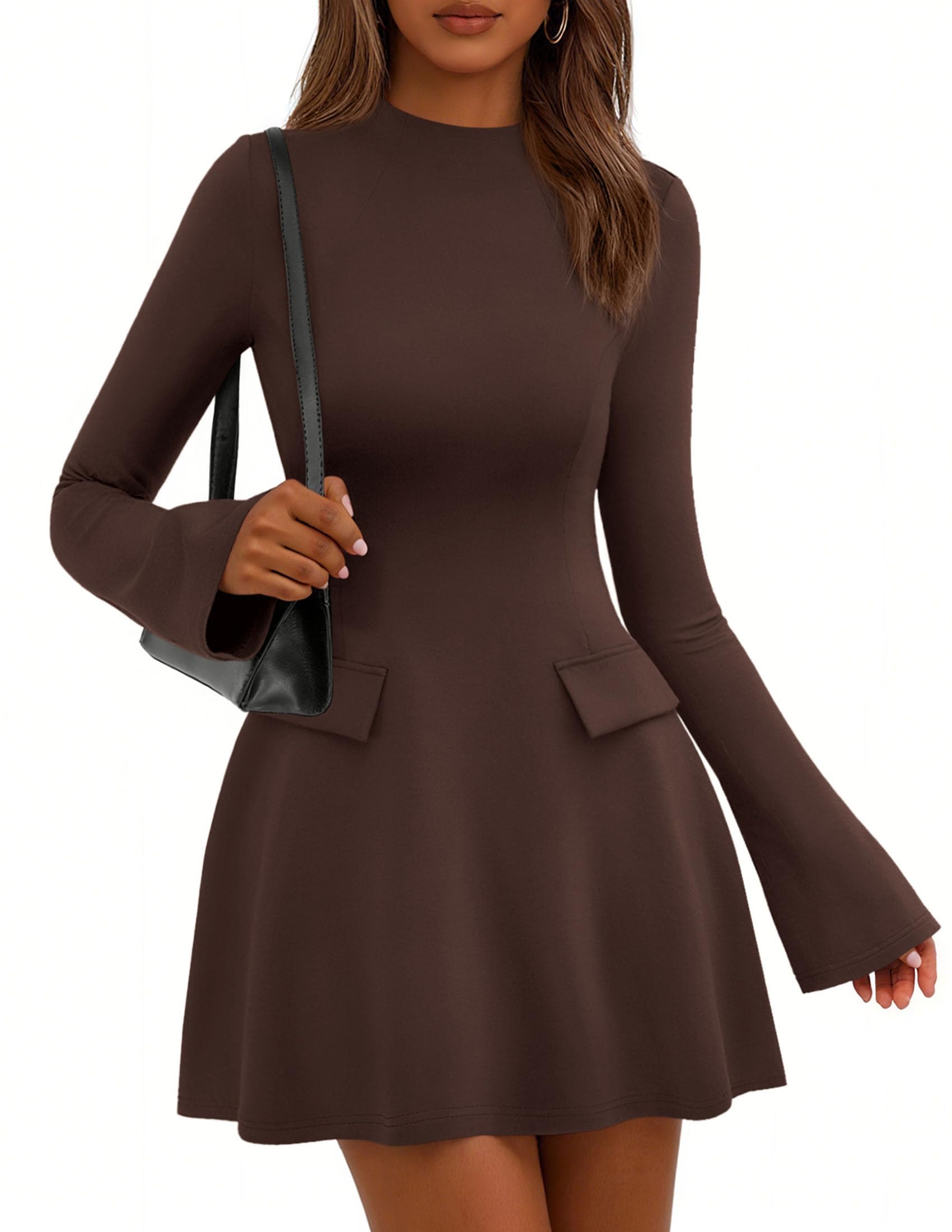Women's Fall Bell Sleeve Short Dress,Brown,XS