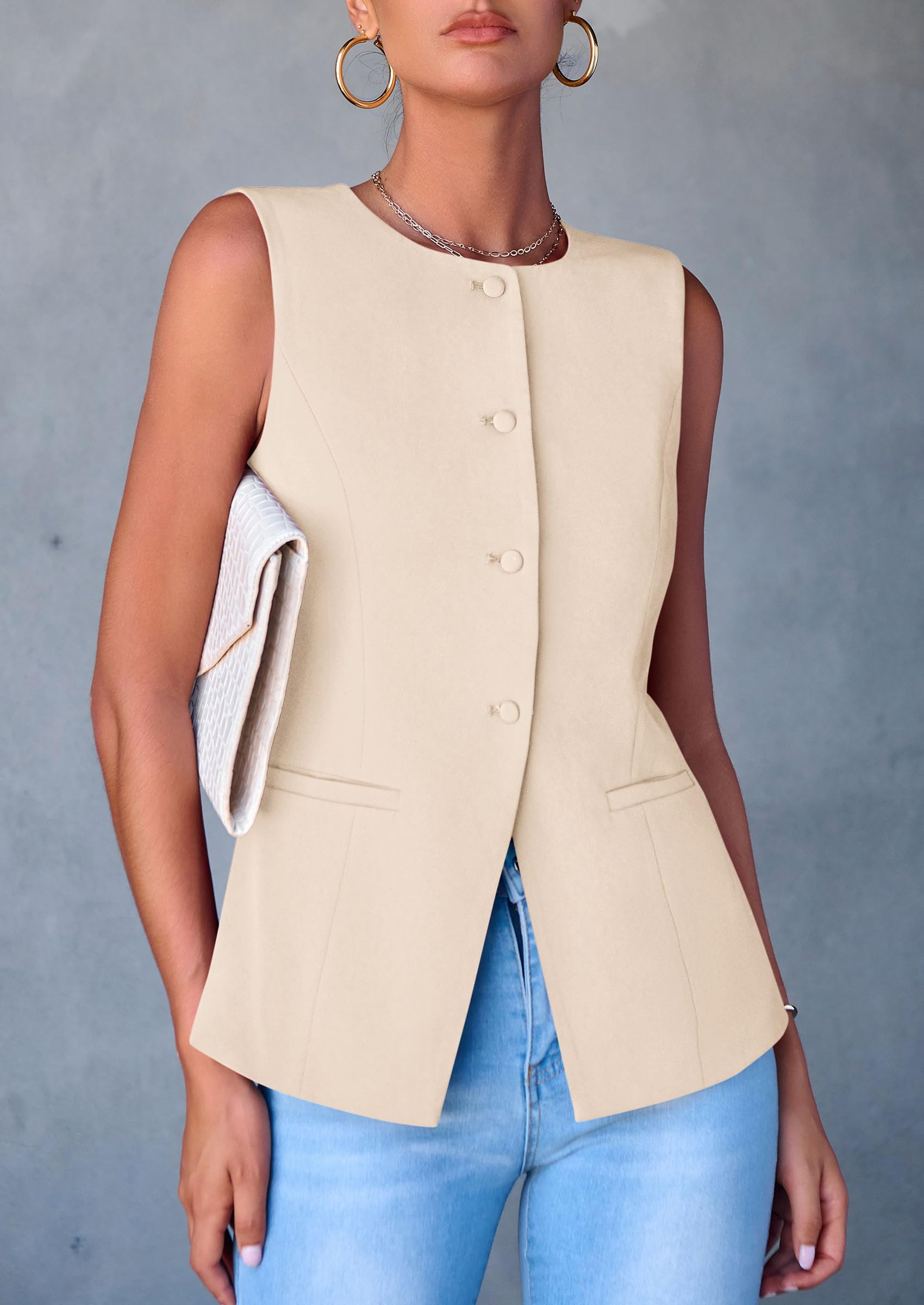 Women Tailored Suit Vest Business Casual Tops, Apricot,M