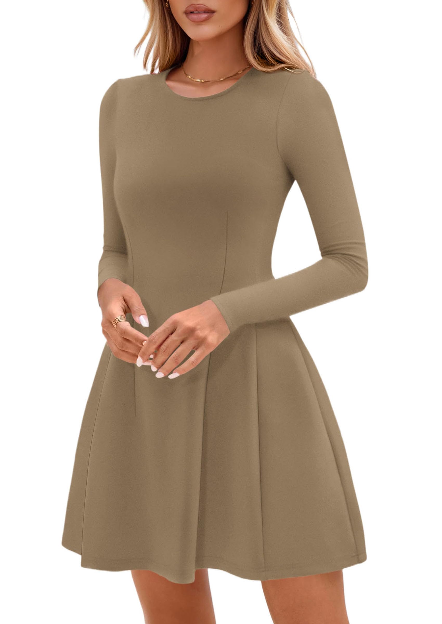 Womens Long Sleeve Pleated Mini Dress,Khaki,XS