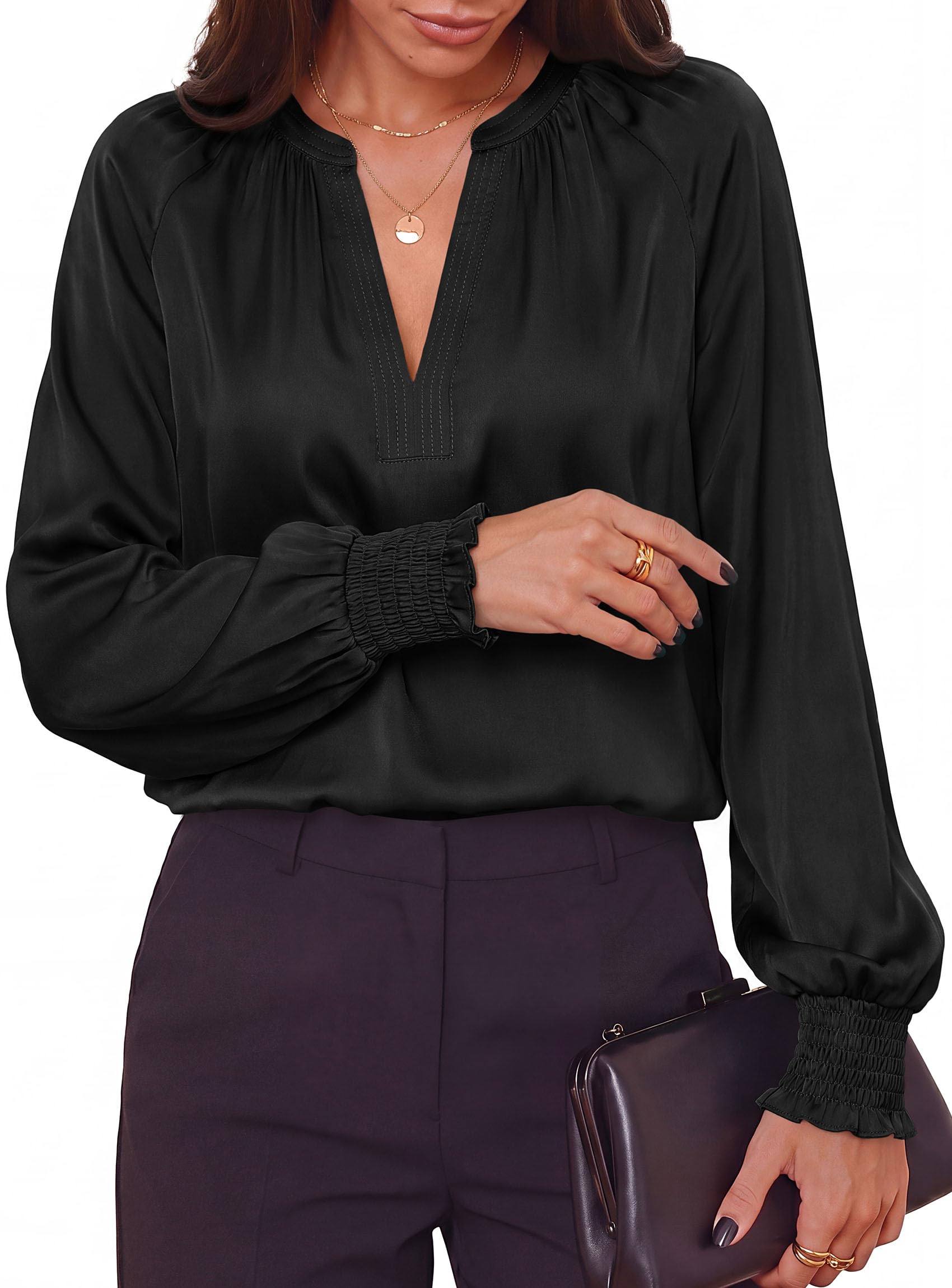 Women's Satin Blouses V Neck Long Sleeve Tops,Black,S