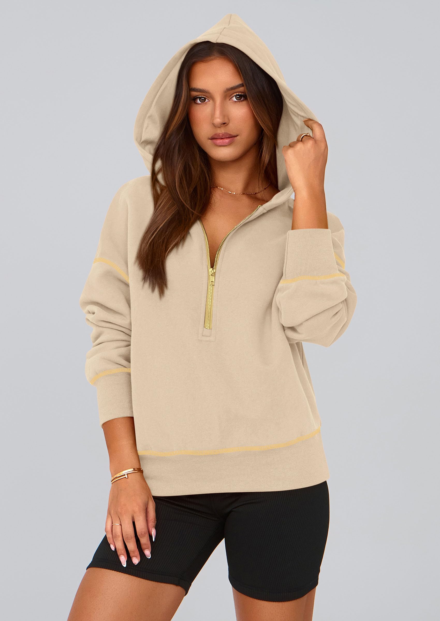 Women's Fall Half Zip Cropped Hoodie Sweatshirt Beige