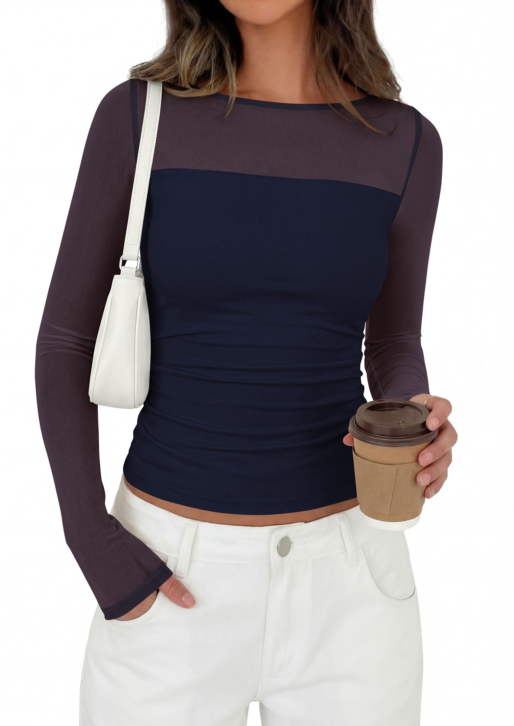 Women's Sheer Mesh Long Sleeve Going Out Tops (Navy Blue,S)