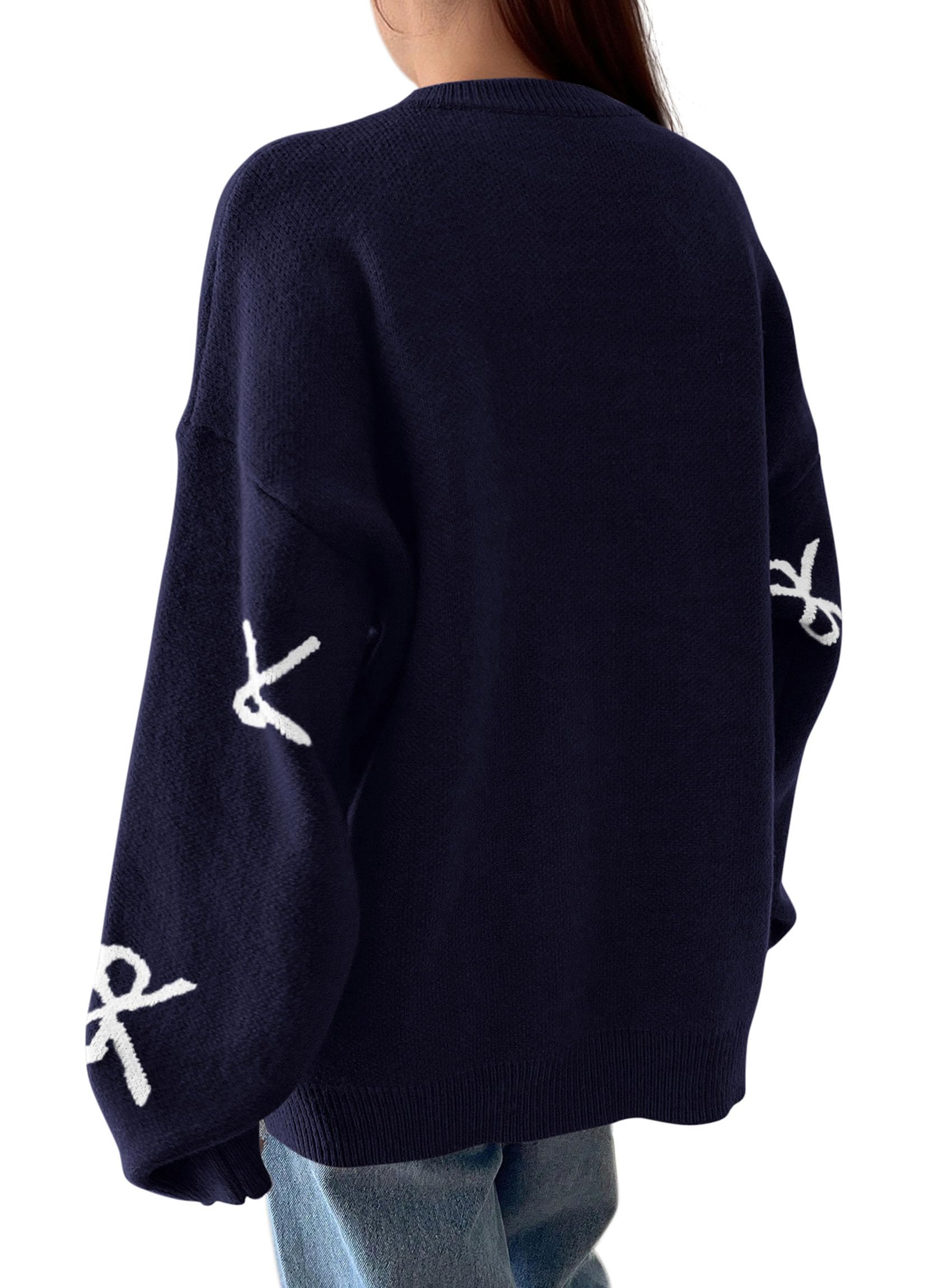 Fall Long Sleeve Pullover Sweaters for Women 2026 Trendy Crewneck Casual Cute Bow Chunky Knit Oversized Sweater (Navy Blue,Small)