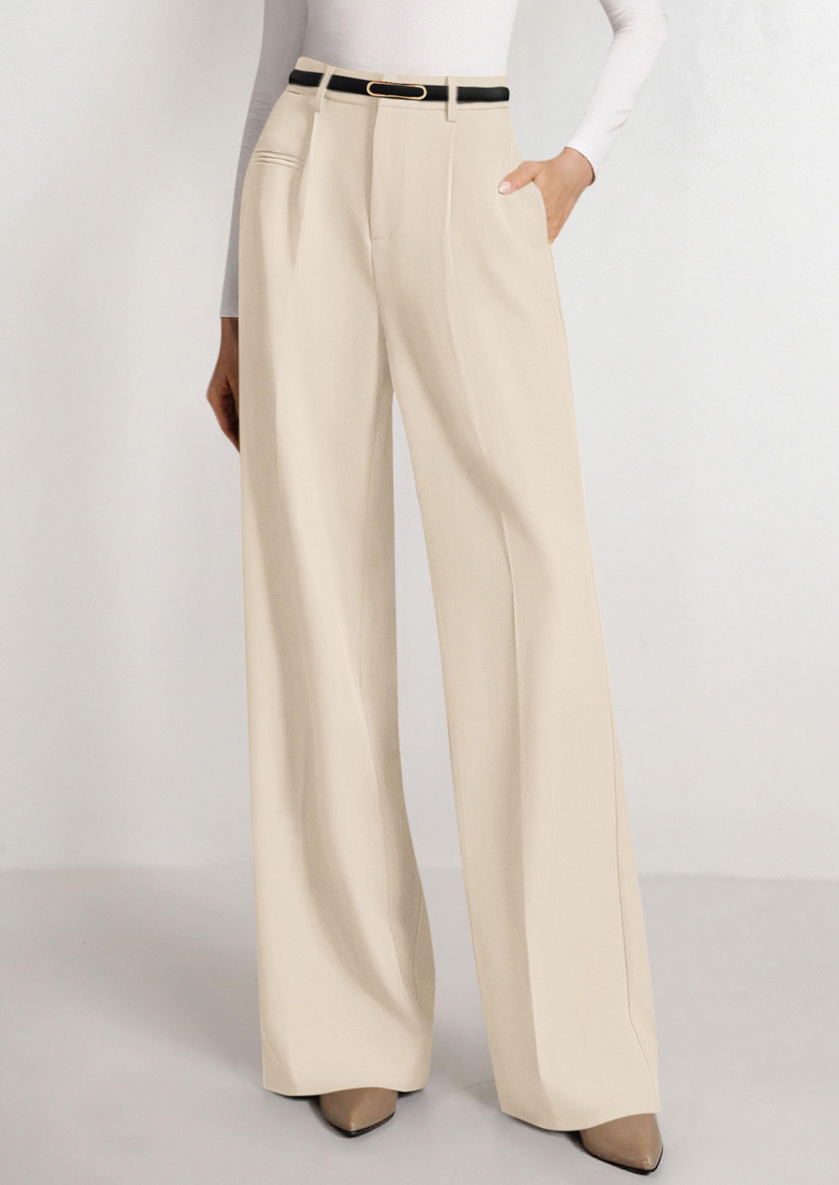Women's Tailored Wide Leg Work Dress Pants,Beige,L